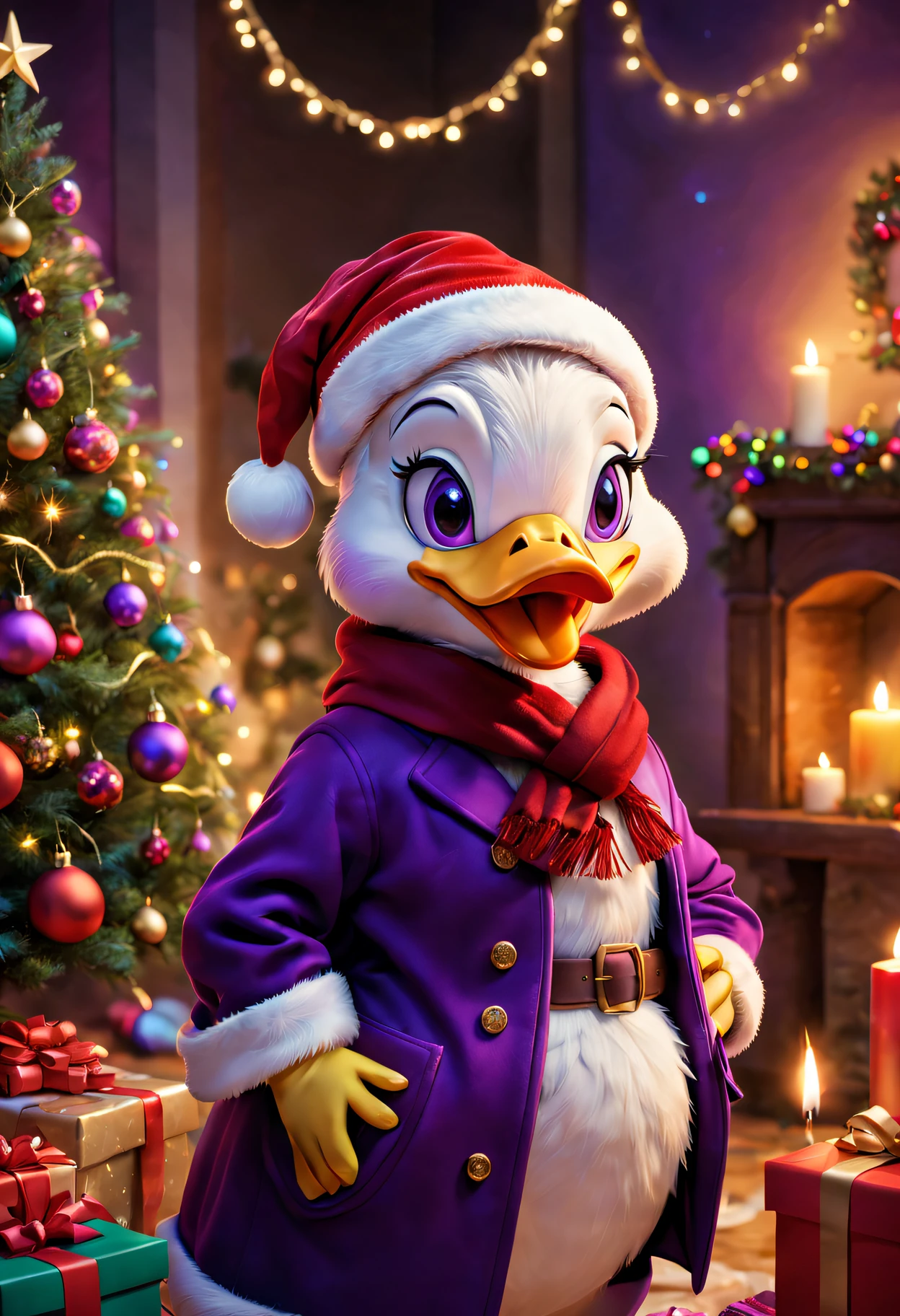 Daisy duck in festival room,It's filled with colorful gifts and a beautifully decorated Christmas tree, Purple coat,Wearing Santa hat and red scarf, Surrounded by warm fairy lights and candles, Using digital illustration as a medium, Vibrant colors and pastel, diffuselighting.