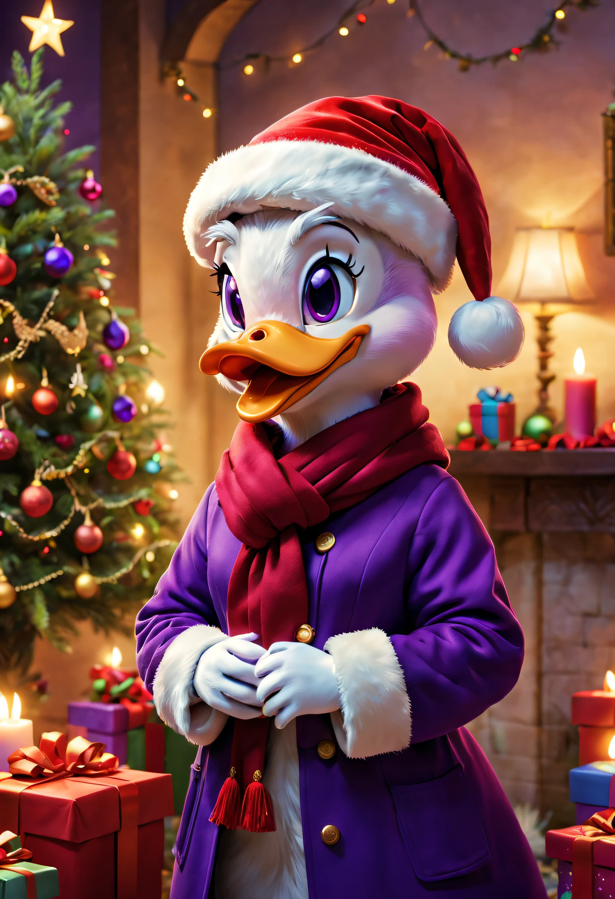 Daisy duck in festival room，It&#39;s filled with colorful gifts and a beautifully decorated Christmas tree, Purple coat,Wearing Santa hat and red scarf, Surrounded by warm fairy lights and candles, Using digital illustration as a medium, Vibrant colors and pastel, diffuselighting.