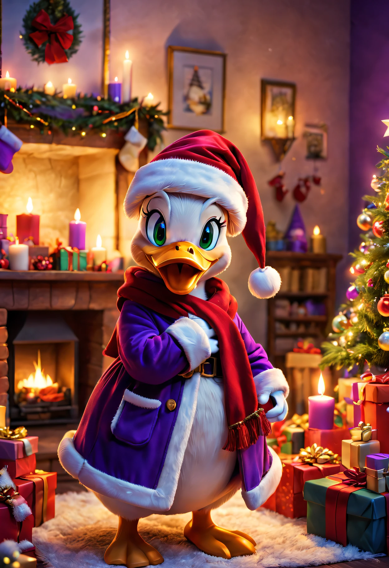 Daisy duck in festival room，It&#39;s filled with colorful gifts and a beautifully decorated Christmas tree, Purple coat,Wearing Santa hat and red scarf, Surrounded by warm fairy lights and candles, Using digital illustration as a medium, Vibrant colors and pastel, diffuselighting.