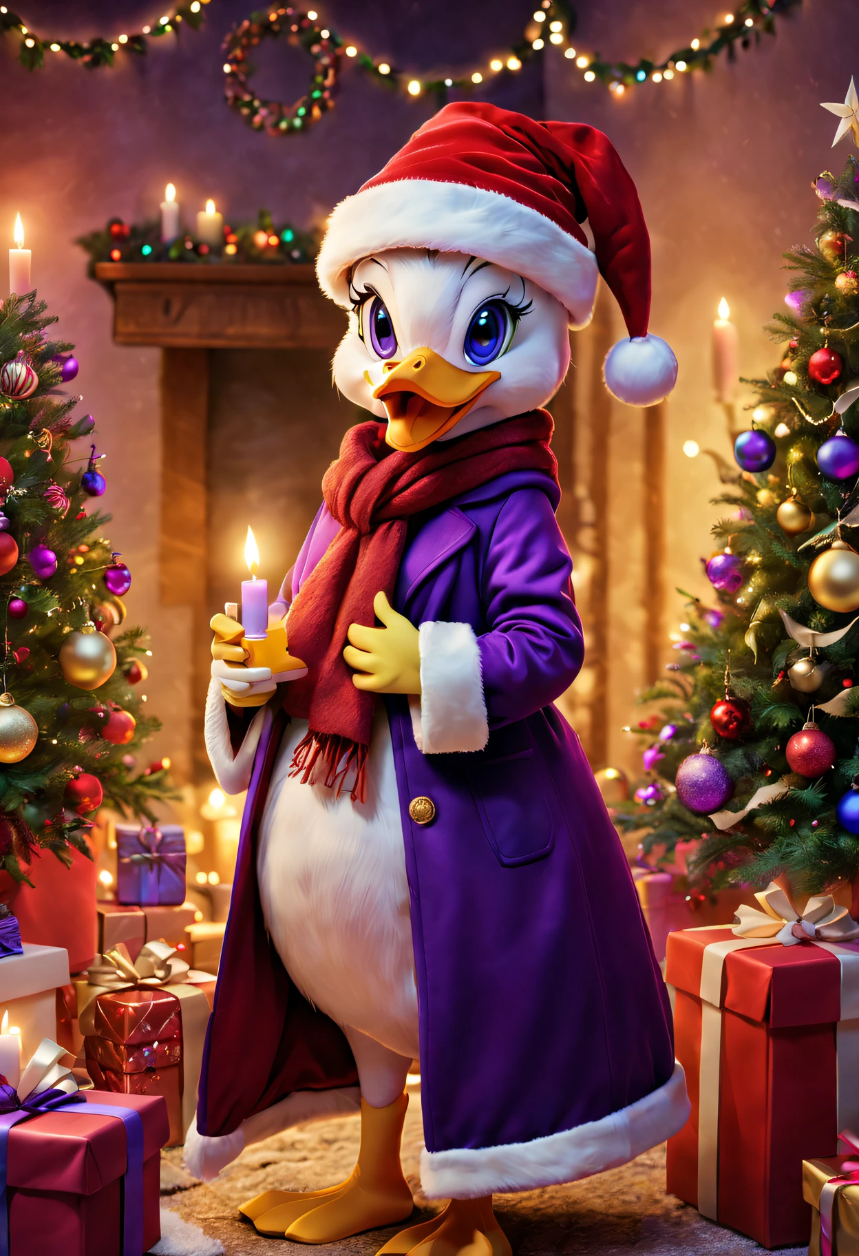 Daisy duck in festival room，It&#39;s filled with colorful gifts and a beautifully decorated Christmas tree, Purple coat,Wearing Santa hat and red scarf, Surrounded by warm fairy lights and candles, Using digital illustration as a medium, Vibrant colors and pastel, diffuselighting.