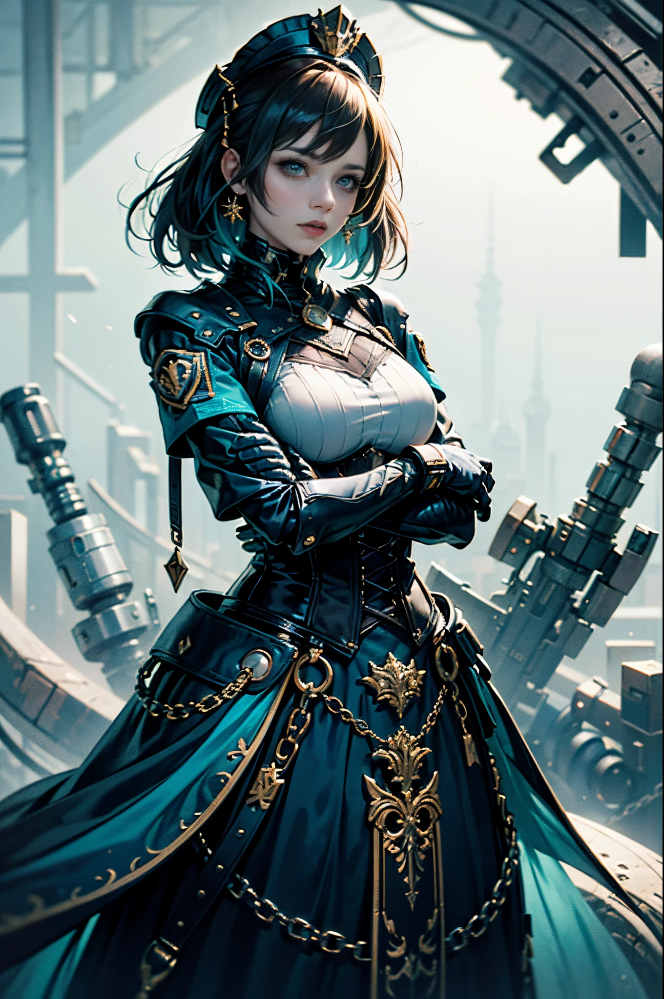 Masterpiece in high resolution 4K, inspired by the style "Resident Evil, "StarCraft II", ARK: Survival Evolved" with modern touches. | A charming woman, wearing an elegant blue dress and a blue tie, reveals her upper torso in a half-body portrait. She is wrapped in a cyan corset, highlighting an elegant design and blue details throughout the outfit. Your hands are delicately positioned behind the body, creating a gracefully challenging pose. | The camera is focused on the woman, capturing her unique appearance and unusual style. | Composition with emphasis on half-body portrait. | Soft lighting highlights the details of the dress and corset, while a subtle blue hue permeates the entire scene, adding a charming atmosphere. | Portrait of an elegant woman in a blue dress and cyan corset, with her hands behind her body in a challenging pose. | {The camera is positioned very close to her, revealing her entire upper body as she adopts a pose with her hands behind her body in a captivating way} | ((perfect_pose):1), ((upper_body), ((hands_behind_body_pose):1), ((short_torso):1), ((mid_body_portrait):1), ((blue_corset):1), More_Detail.