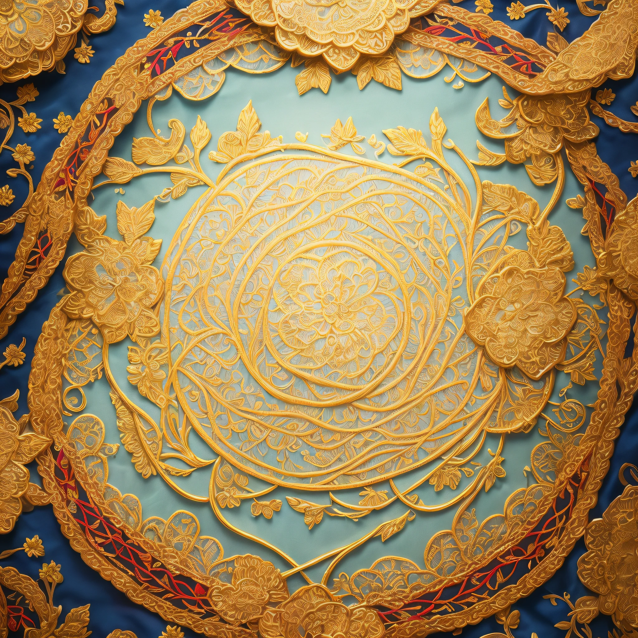 (best quality,4k,8k,highres,masterpiece:1.2),ultra-detailed,(realistic,photorealistic,photo-realistic:1.37),embroidered floral patterns,detailed stitching,vibrant colors,delicate thread work,exquisite texture and shading,vivid and lifelike representation,intricate needlework,Venetian lace-like fineness,skillful craftsmanship,meticulous attention to detail,breathtakingly beautiful,sophisticated design,artistic interpretation,handmade artwork,aesthetic elegance,traditional folk art,transcendent beauty,rich cultural heritage,ornate embroidery technique,masterful composition,fine fabric backdrop,elaborate floral motifs,golden metallic threads,pearl-like accents,embellished borders and edges,graceful curves and lines,delicate petals and leaves,subtle shading and gradients,soft and flowing fabric folds,portraying nature's beauty,expressing emotions through art