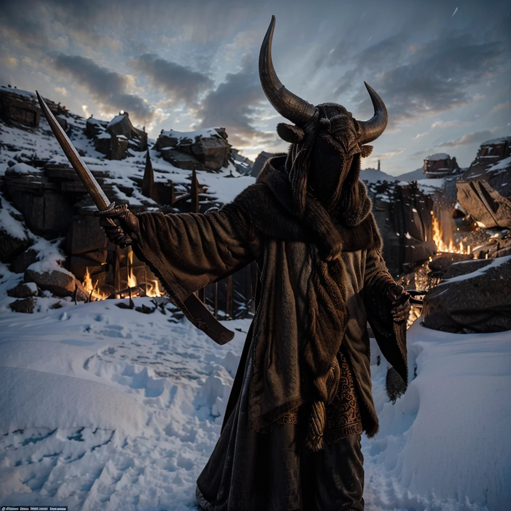 ember, fully clothed in a long animal skin, with a woolen mask covering the entire face and bull horns on the head, holding a stone spear in his hand, stands on a very high snow-covered uninhabited rocky mountain, in fantasy, Lord of the Rings style