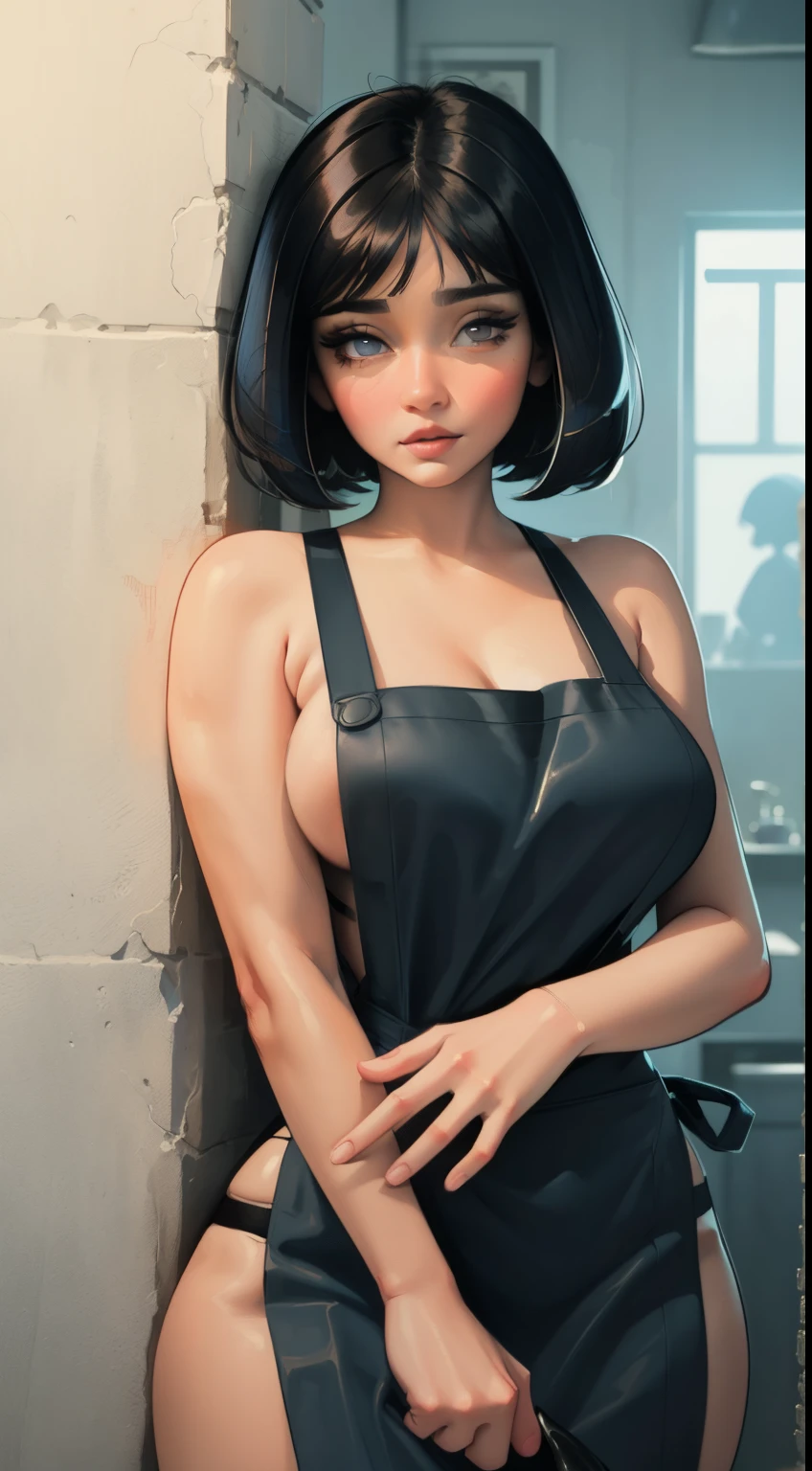 ((masterpiece)),(best quality),(detailed), 1girl, mature woman, short hair, black hair with blue highlights, bobcut, brown eyes, wearing an apron, portrait, medium breasts, curvy