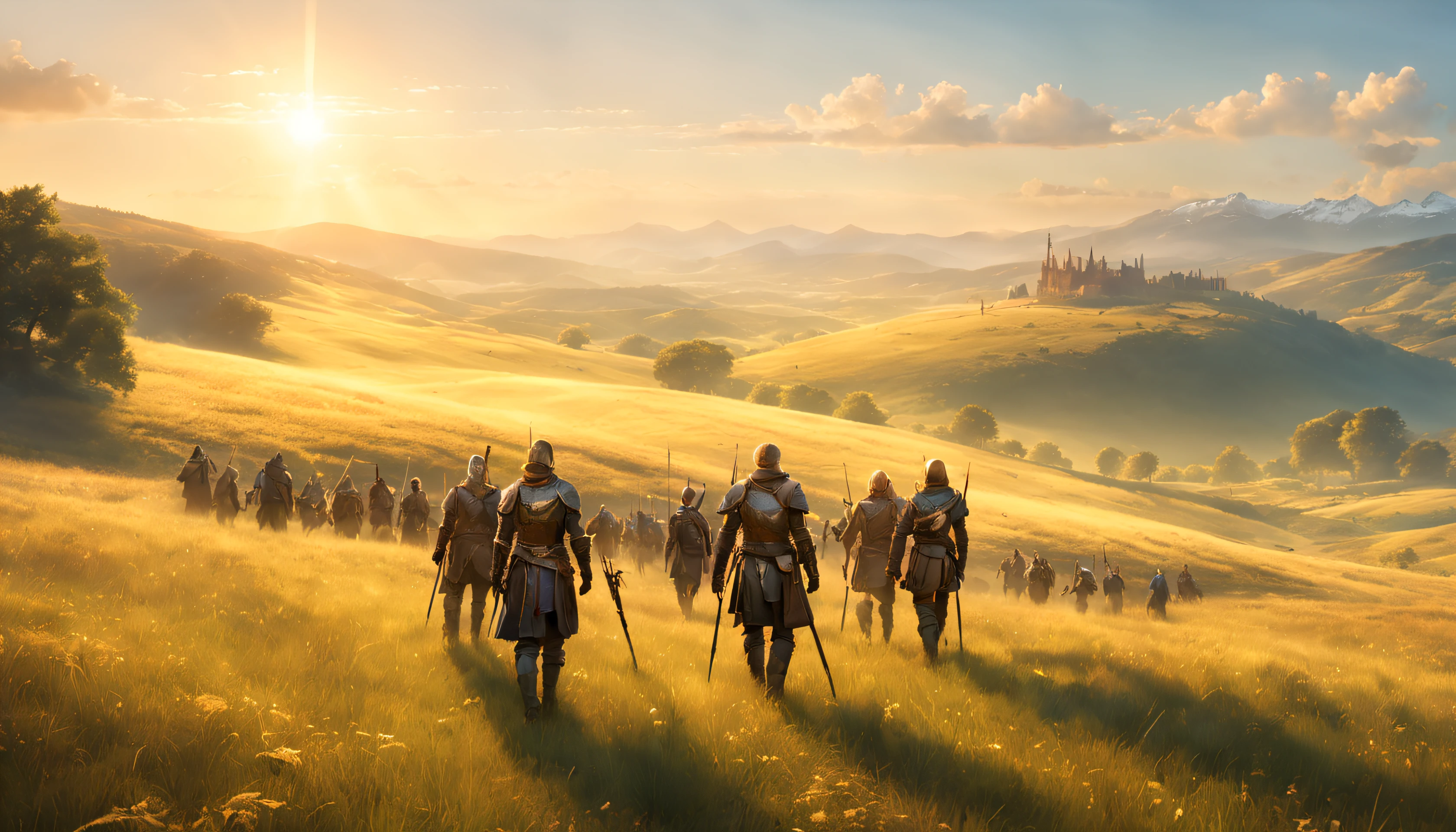 A wide shot of a picturesque open meadow, bathed in golden sunlight, with a group of adventurers standing together in the center. They are dressed in armor and carry various weapons, ready for their journey ahead. The composition should showcase the vastness of the meadow with rolling hills in the background, emphasizing the beginning of their adventure.
