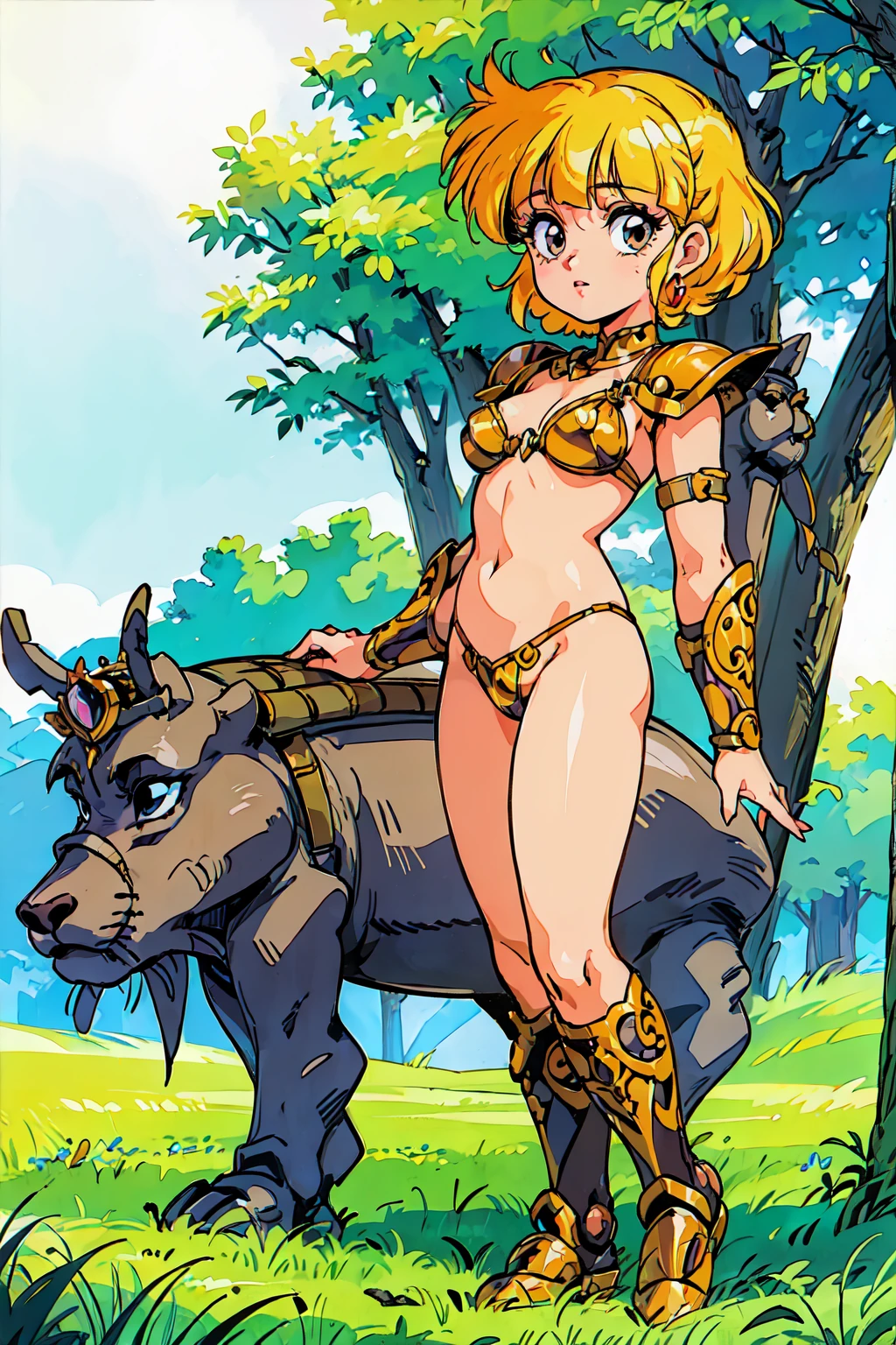 "(masterpiece:1.1), best quality,
1girl, solo, (80s anime style:1.3), (eyelashes:1.5), (loli:1.2),
(intricate high detailed body:1.2),
(yellow hair:1.1), (blunt bangs:1.1), (short hair, french braid:1.1), (crown:1.1),
brown eyes, (lip stick:1.3),
(pale skin:1.2), (gigantic breasts:1.1),
(naughty face:1.2),
(bikini armor:1.2),
(knight armor, armored boots:1.2), (hoop earrings:1.1), hand cuffs,
standing, peace sign,
(dynamic pose:1.4), (full body, looking at viewer, from front:1.1),
(daytime, grassland, outdoors:1.1)"