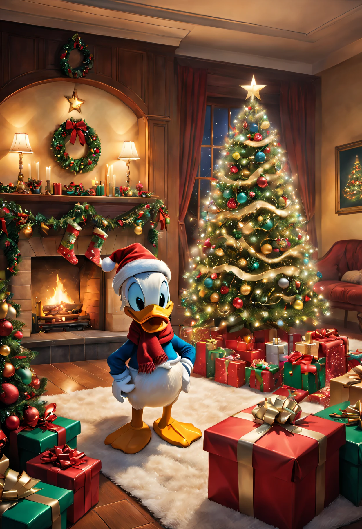 Christmas scene with Donald Duck in a decorated room, Surrounded by colorful gifts and beautifully decorated Christmas tree. The room is filled with fairy lights and the warm glow of candles, Create a warm atmosphere. Donald Duck wearing Santa hat and red scarf, adding to the festive ambiance. The gift is sparkly wrapped with a bow and ribbon, Create a feeling of excitement and anticipation. Christmas tree decorated with ornaments, foil, and flashing lights, Create a magical atmosphere. The colors in the scene are vibrant and cheerful, mixed with red, Green, kinako, and silver. Lighting is soft and diffuse, Casts a warm glow around. The artwork was created using the medium of digital illustration, Ensure high quality and detailed visuals. The image quality is the best, detail-rich,Realistic and vivid appearance. The prompt for Donald Duck's Nativity Scene is: "Donald Duck in a festive room filled with colorful gifts and a beautifully decorated Christmas tree, Wearing Santa hat and red scarf, Surrounded by warm fairy lights and candles, Using digital illustration as a medium, Vibrant colors and pastel, diffuselighting."