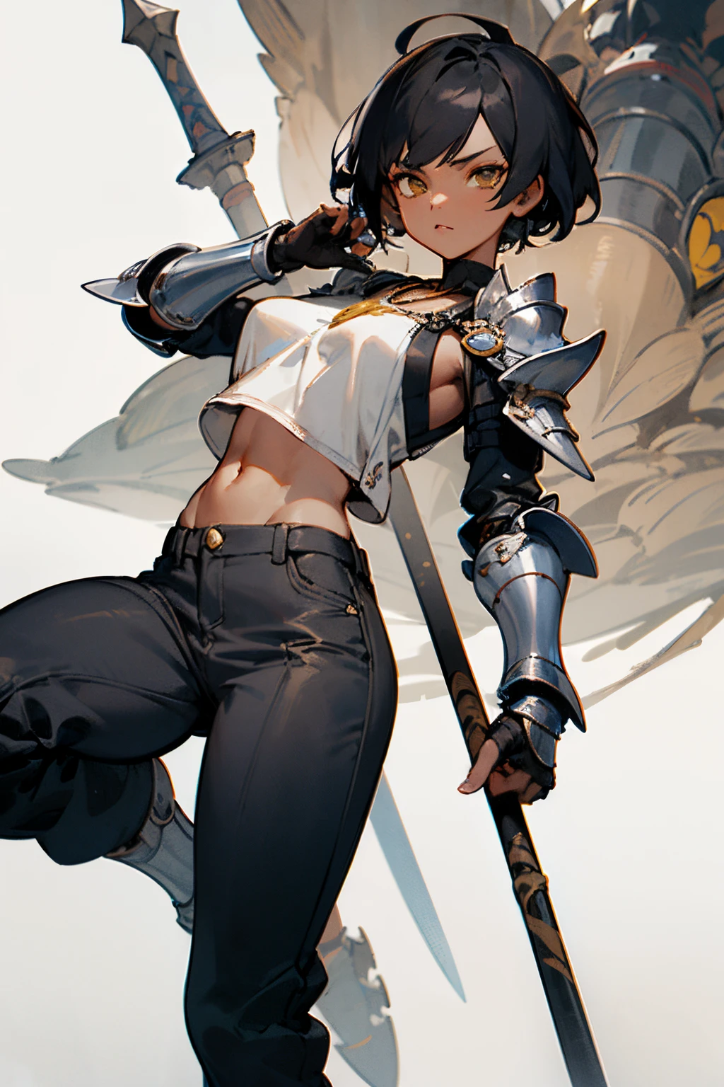 ((best quality)), ((masterpiece)), (detailed), tomboy girl from kamura village in monster hunter rise .
with short two block brown to black hair, yellow iris, and dark skin. with standar tall. G cup breasts.
the weapon is Insect Glaive with dark color. Insect glaive is a long stick with a sharp tip. the weapon is even bigger compare to her. her wright is normal like the other girl at 20's. the body is formed.
the outfit, she wear a white tanktop without body armor with a little necklace and the stomach is seen, wear a dark pants, with iron dark hand armor, iron dark foot armor, iron dark pants armor.