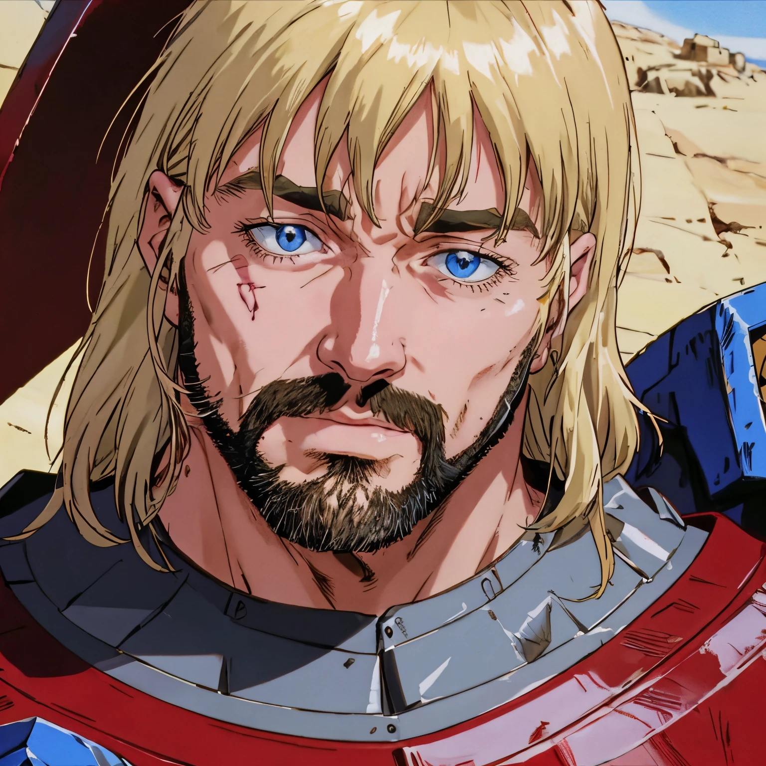 A rugged man, with blonde hair and imposing ruby blue armor that