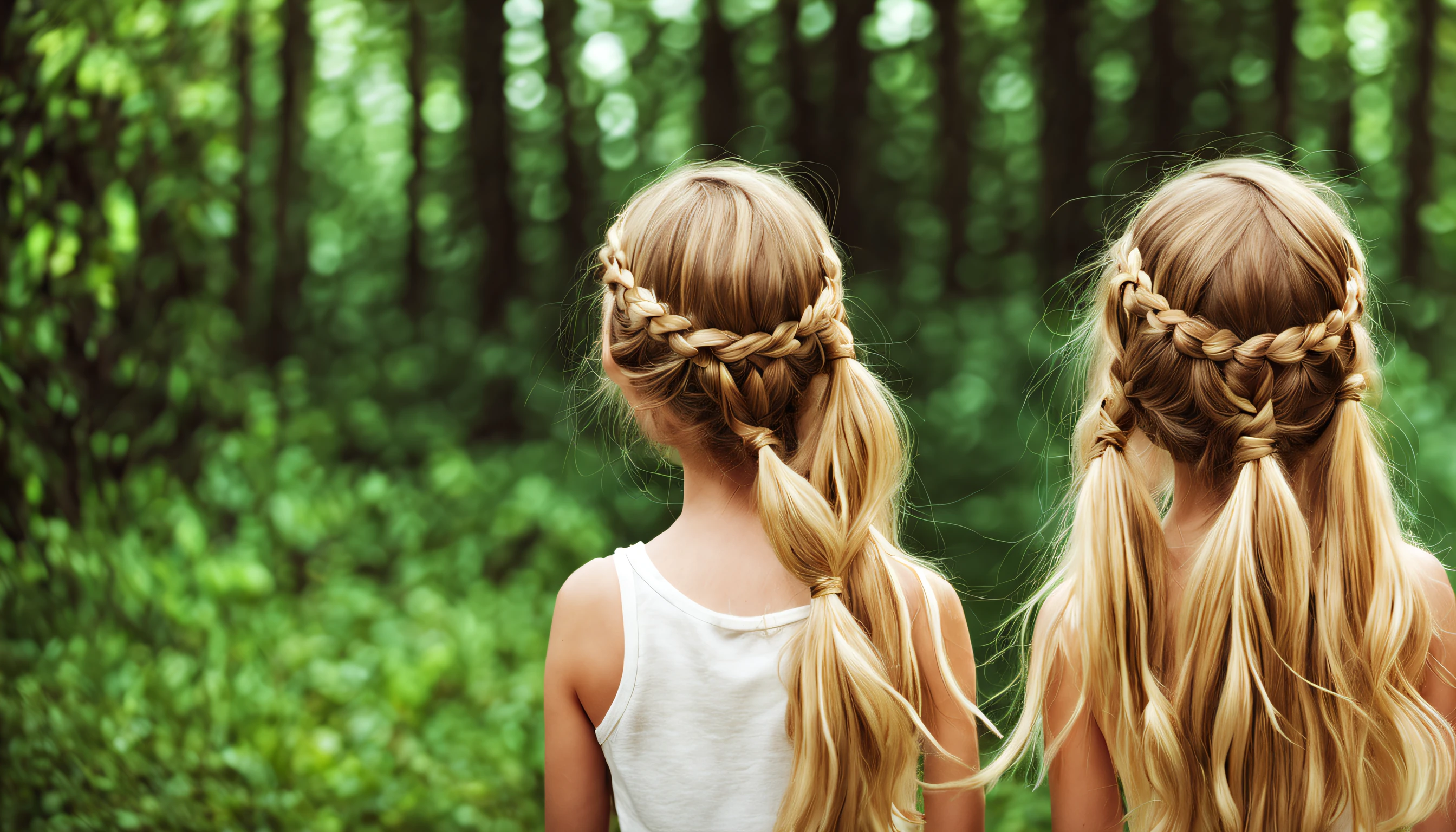 KIDS BLONDIE BRAIDS fotografia (estilo fallenangel:1) uma pintura digital de um (atraente:1) Anjo dourado sentado no meio de uma floresta