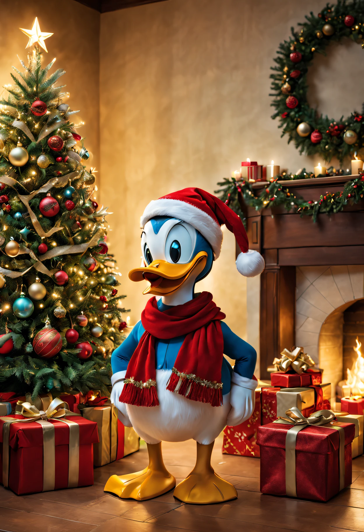 Christmas scene with Donald Duck in a decorated room, Surrounded by colorful gifts and beautifully decorated Christmas tree. The room is filled with fairy lights and the warm glow of candles, Create a warm atmosphere. Donald Duck wearing Santa hat and red scarf, adding to the festive ambiance. The gift is sparkly wrapped with a bow and ribbon, Create a feeling of excitement and anticipation. Christmas tree decorated with ornaments, foil, and flashing lights, Create a magical atmosphere. The colors in the scene are vibrant and cheerful, mixed with red, Green, kinako, and silver. Lighting is soft and diffuse, Casts a warm glow around. The artwork was created using the medium of digital illustration, Ensure high quality and detailed visuals. The image quality is the best, detail-rich,Realistic and vivid appearance.
