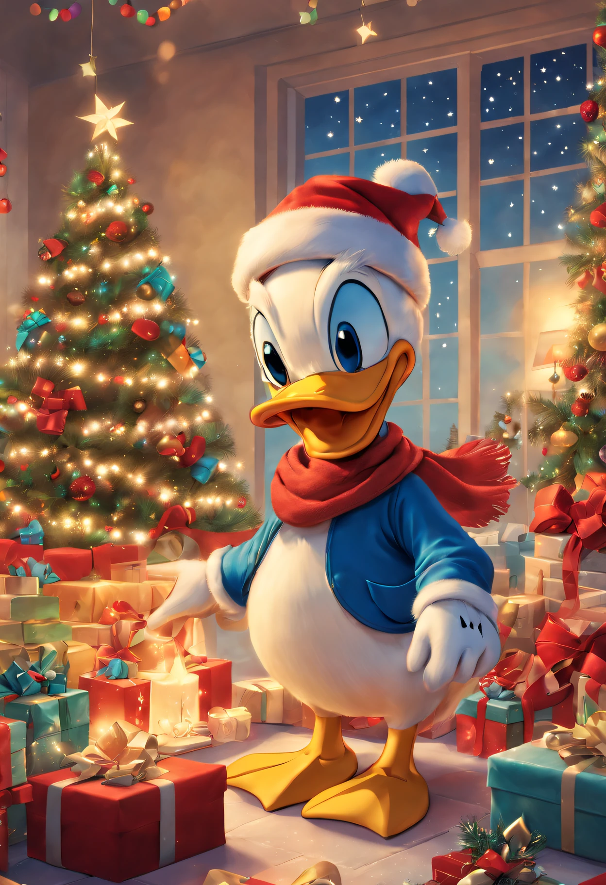 Donald Duck in a festive room filled with colorful gifts and a beautifully decorated Christmas tree, Wearing Santa hat and red scarf, Surrounded by warm fairy lights and candles, Using digital illustration as a medium, Vibrant colors and pastel, diffuselighting.