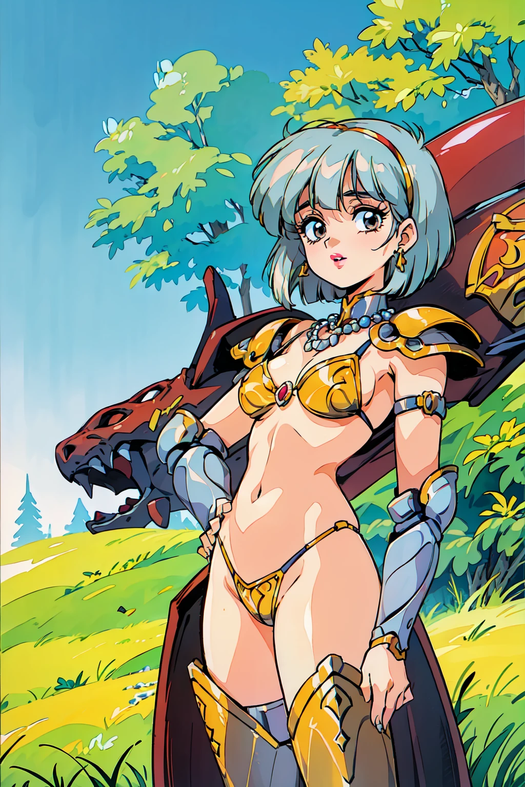 "(masterpiece:1.1), best quality,
1girl, solo, (80s anime style:1.3), (eyelashes:1.5), (:1.2),
(intricate high detailed body:1.2),
(silver hair:1.1), (hair over one eye:1.1), (bob cut:1.1), (headband:1.1),
brown eyes, (red lip stick:1.3),
(pale skin:1.2), (slim body:1.1), (gigantic breasts:1.1),
(naughty face:1.2),
(bikini armor:1.2),
(knight armor, armored boots:1.2), (hoop earrings:1.1), crystal necklace,
standing, hand on hip,
(upper body, cowboy shot, looking at viewer, from front:1.1),
(daytime, grassland, outdoors:1.1)"