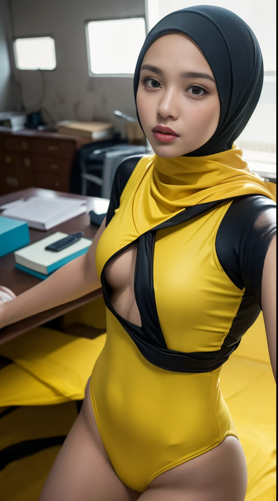 A malay girl in hijab and yellow one piece swimming suits in abandoned office, seducing pose, 8mm, Close-up shot from top, cool-toned color grading, depth of field, film noir