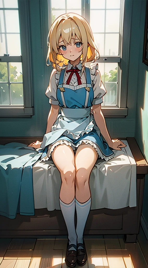 anime styled, The ultra -The high-definition, alice in the wonderland, Super cute girl, a blond, Long, shame, My face looks like I'm about to cry because I'm embarrassed because my pee came out., Light blue fluttering short dress, Layer a white apron skirt with frills, frilld, B-cup breasts, Light blue fluttering mini skirt, The socks are long white knee-high socks that go from the toes to mid-thigh., and draw the full body, Inside an old Western-style building, absurd worldview, window where bright sunlight shines through, Her clothes are a little disarrayed and her breasts are exposed., Pee, I pee and the urine comes out from my crotch and flows down my thighs.