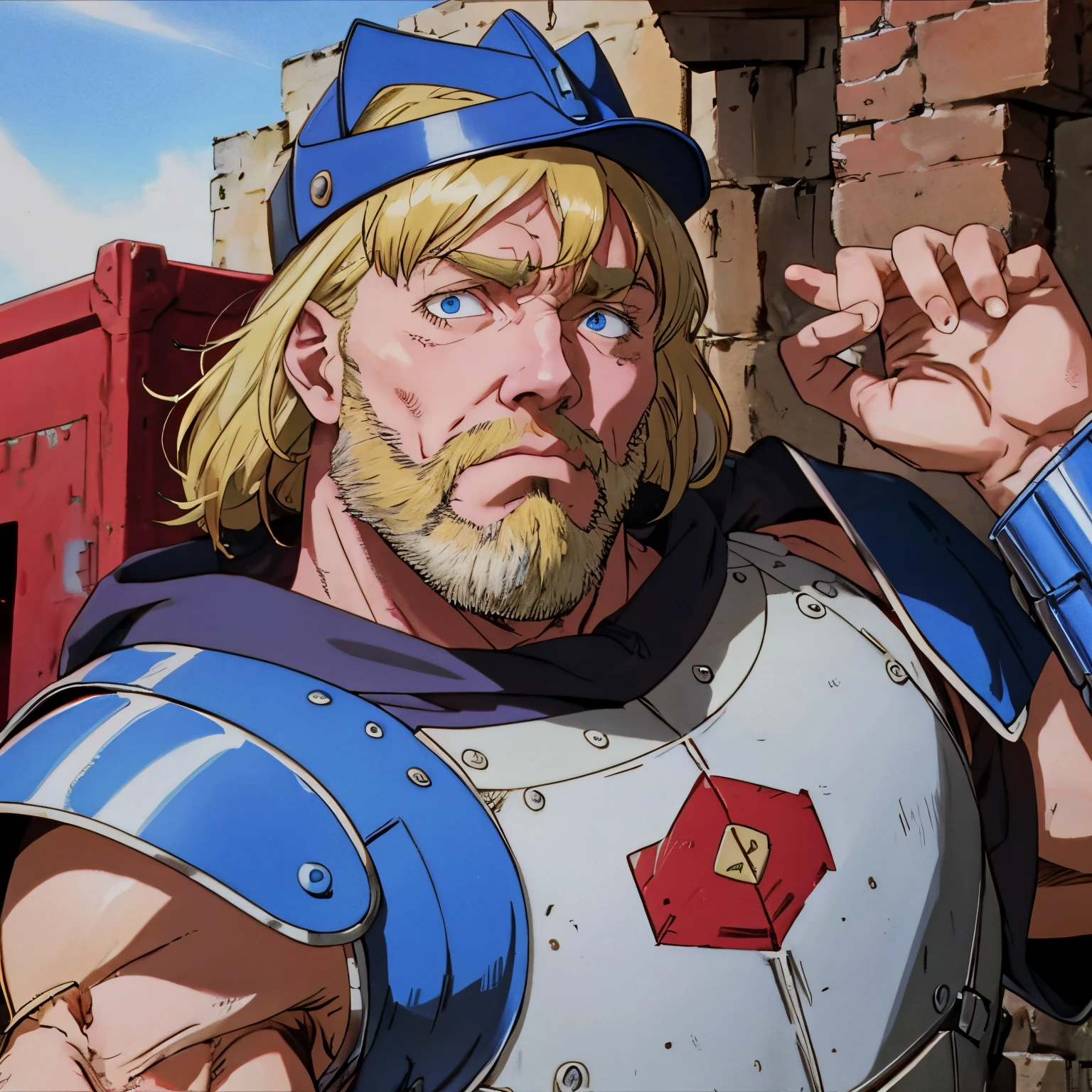 A rugged man, with blonde hair and imposing ruby blue armor that
