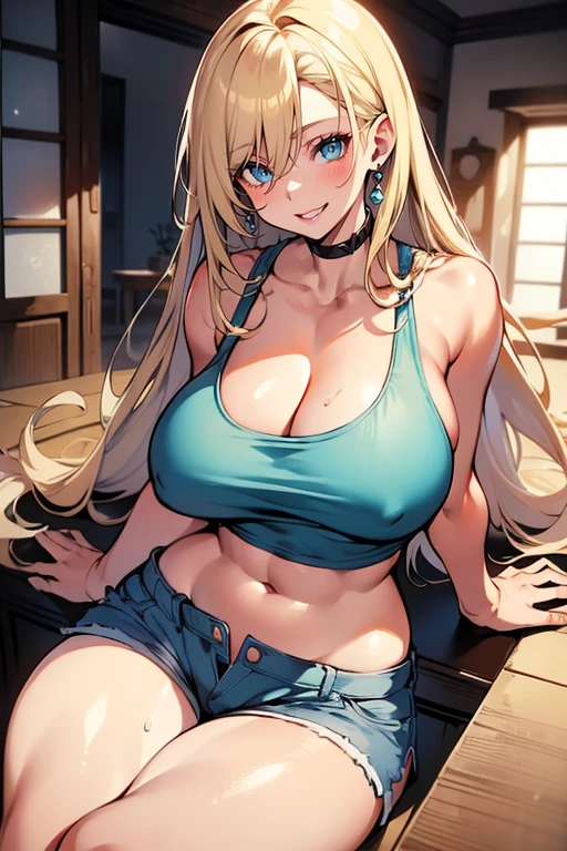 (masterpiece), best quality, expressive eyes, perfect face, massive breasts, very curvy, long blond hair, light blue eyes, gyaru, full lips, seductive, smiling, at home, (tank top: 1.1), (hotpants: 1.2), cleavage, at home, massive breasts, wide hips, sweating, 1 female, sitting down, sexy, facing the viewer, (erobakadere: 1.4)