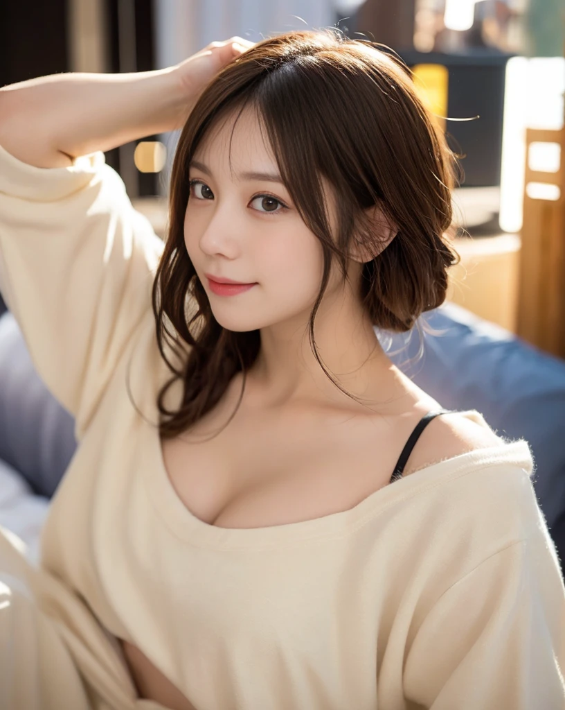 masutepiece, Best Quality, Naughty smile、randome pose、Bruises、Illustration, Ultra-detailed, finely detail, hight resolution, 8K Wallpaper, Perfect dynamic composition, Beautiful detailed eyes, knit,Medium Hair,Natural Color Lip、Bold sexy poses,Smile,Harajuku、20 years girl、Cute、Sexy shot looking at camera、C Cup、Brown hair