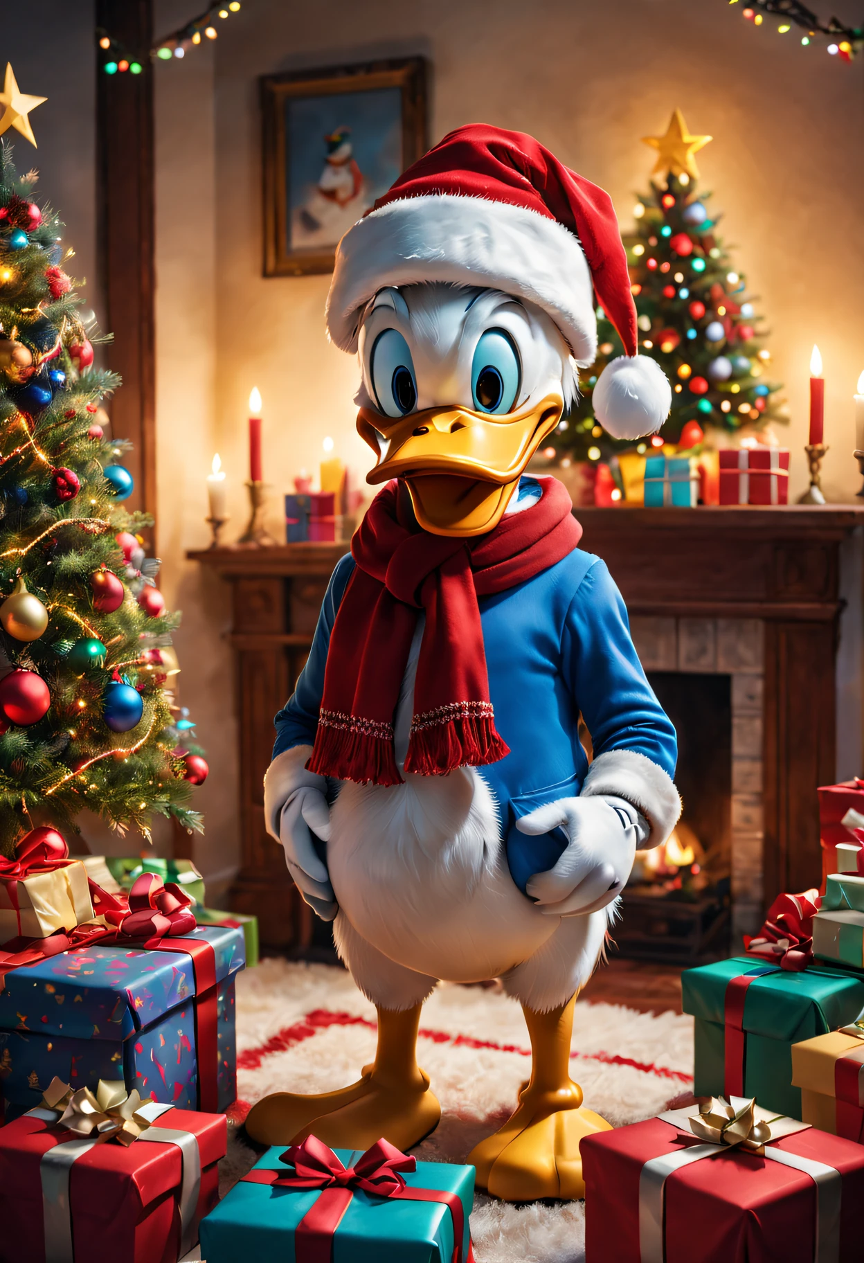 Donald Duck in a festive room filled with colorful gifts and a beautifully decorated Christmas tree, Wearing Santa hat and red scarf, Surrounded by warm fairy lights and candles, Using digital illustration as a medium, Vibrant colors and pastel, diffuselighting.