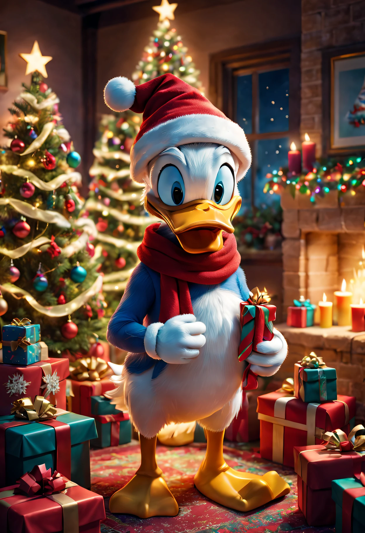 Donald Duck in a festive room filled with colorful gifts and a beautifully decorated Christmas tree, Wearing Santa hat and red scarf, Surrounded by warm fairy lights and candles, Using digital illustration as a medium, Vibrant colors and pastel, diffuselighting.