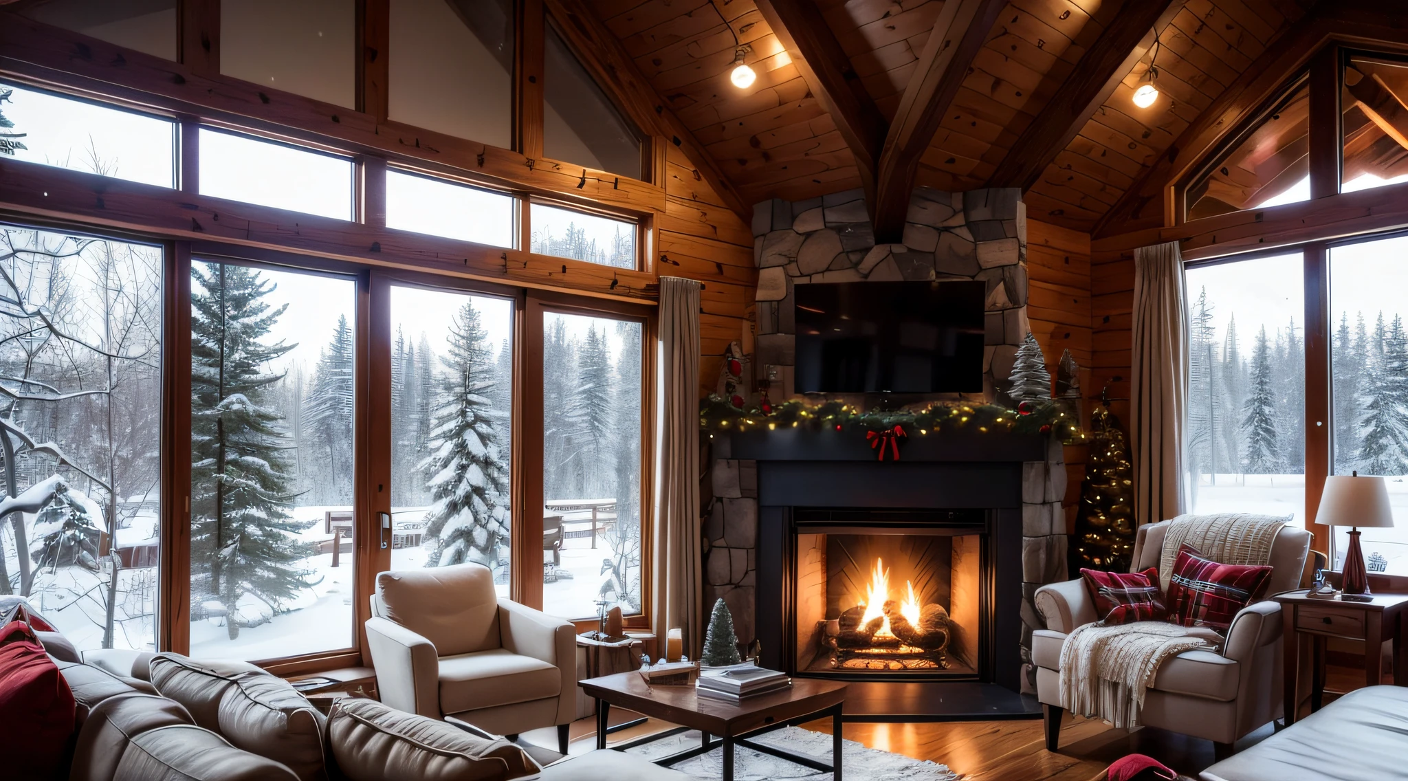 realistic modern minimalist cozy cabin with a fireplace, decorated with Christmas motives, candles, a hot coffee in a table, big windows and is snowing outside, Ultra HD, 4K