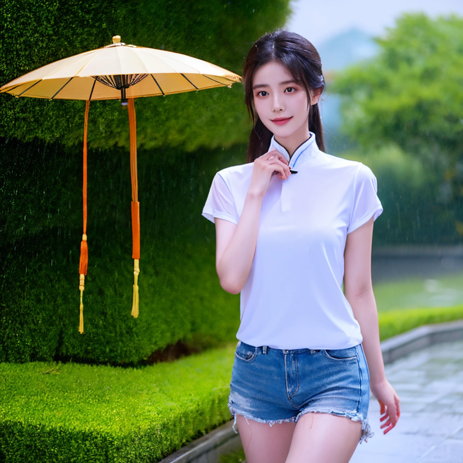 A Chinese girl with a tall figure and a pretty face wears white short-sleeves and is exposed in the rain.