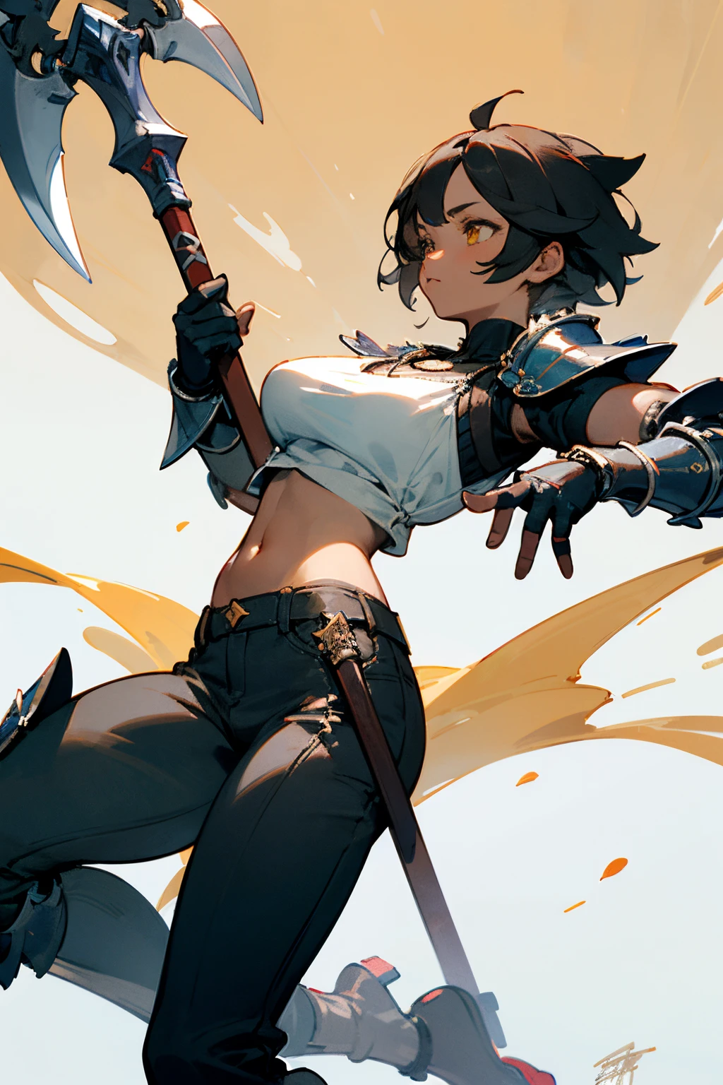 ((best quality)), ((masterpiece)), (detailed),  tomboy girl from kamura village in monster hunter rise . 

with short two block brown to black hair, yellow iris, and dark skin. with standar tall. G cup breasts. 

the weapon is Insect Glaive with dark color. Insect glaive is a long stick with a sharp tip. the weapon is even bigger compare to her. her wright is normal like the other girl at 20's. the body is formed.

the outfit, she wear a white tanktop without body armor with a little necklace and the stomach is seen, wear a dark pants, with iron dark hand armor, iron dark foot armor, iron dark pants armor.