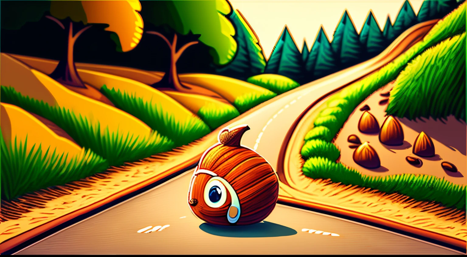 top quality comic-style colored illustration of an anthropomorphic acorn rolling down a slope. country road seaside on blurred background , 3D, 32K, full HDR, Real image,