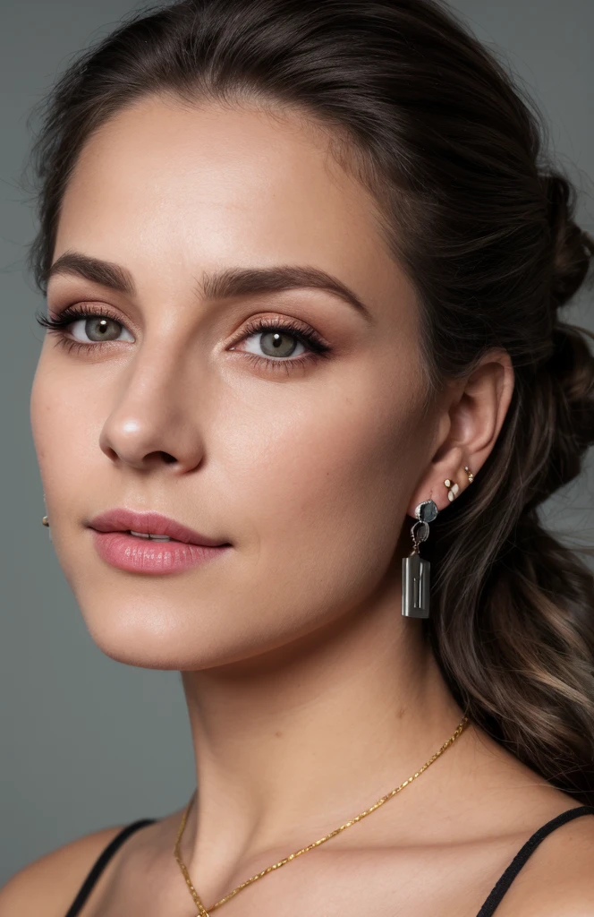femme,portrait,mignon,realistic eyes,Criss-cross earrings,ear piercing,earrings,fond gris,Photo brute,8K UHD,DSLR,softlighting,High quality,grain du film