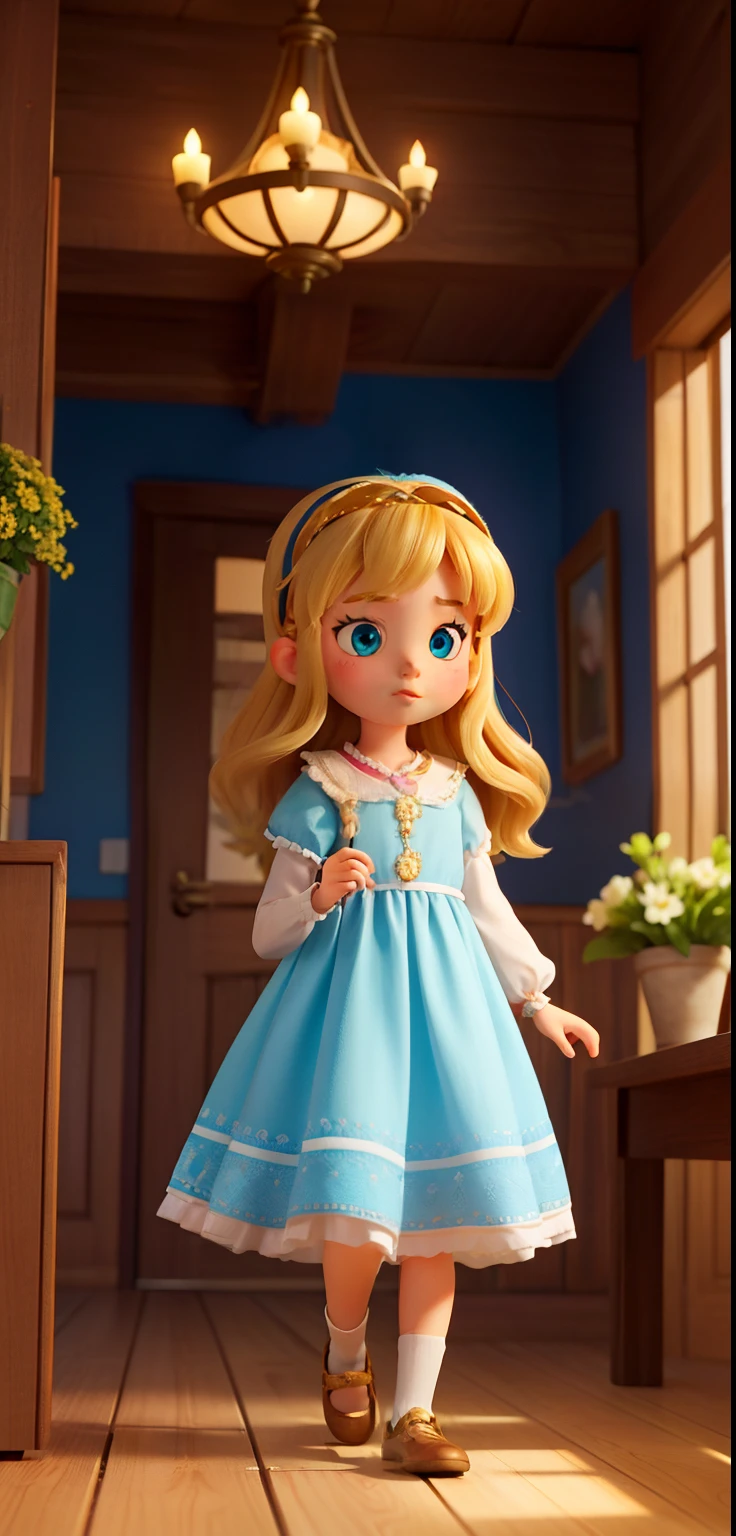 Create an enchanting illustration capturing the heart of Chapter 1: 'Lilly the Bear is Missing!' In this image, depict a serene, picturesque town bathed in the warm, golden glow of the setting sun. In the foreground, prominently feature a young girl, Dalivia, who is just . She possesses golden blonde hair that shimmers in the fading light and deep, inquisitive blue eyes filled with wonder.
Dalivia is dressed in a vibrant, sky-blue dress that dances with the hues of twilight. On her head, a vivid green hairband keeps her locks neatly in place. She stands in the midst of the town, her expression a mix of determination and worry, clutching an empty space where her cherished teddy bear, Lilly, should be.
Convey the emotion and urgency of the moment as Dalivia embarks on her quest to find Lilly. The atmosphere should be tinged with a sense of mystery and adventure, setting the stage for the captivating tale that unfolds in Chapter 1