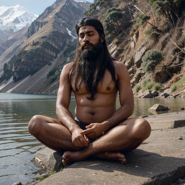 A Hindu saint having long beard and hair. Meditating bank of river and Himalayan