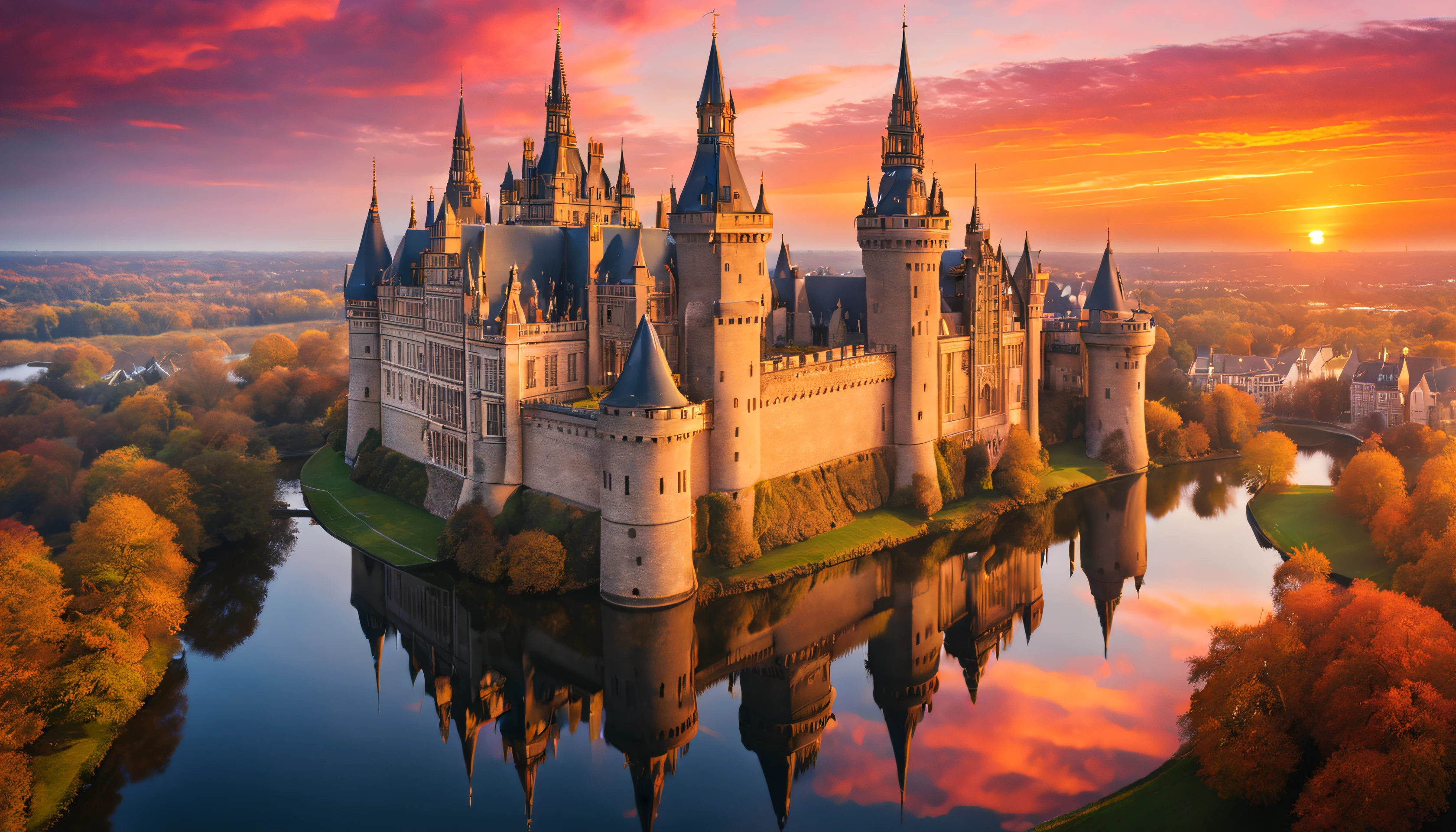 An awe-inspiring aerial shot of a majestic and grand castle, with towering spires reaching towards the sky. The castle is surrounded by a moat, and the water reflects the vibrant colors of the sunset. The composition should highlight the intricate architecture of the castle, with its ornate details and imposing presence.