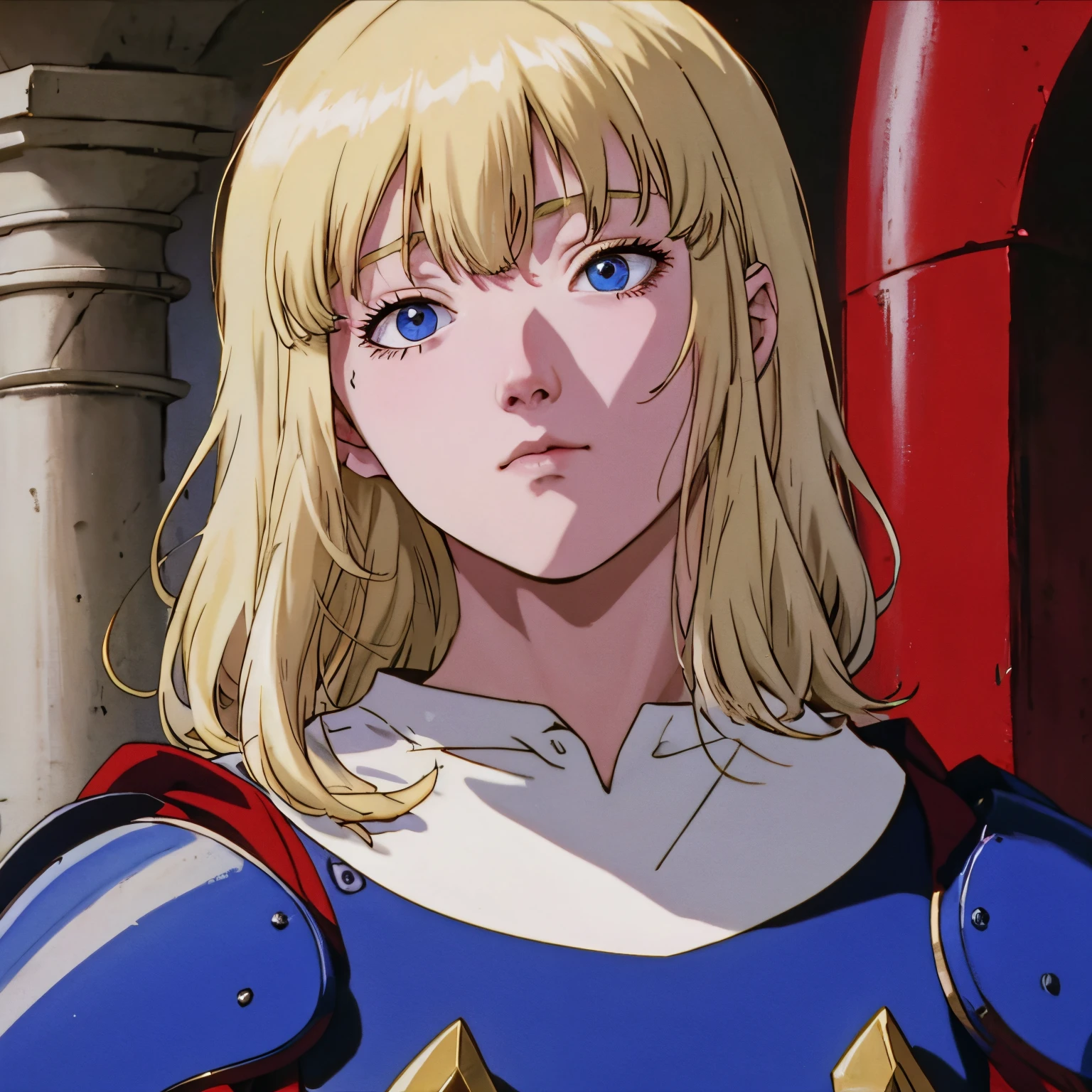 A blonde man wearing  ruby ​​blue armor