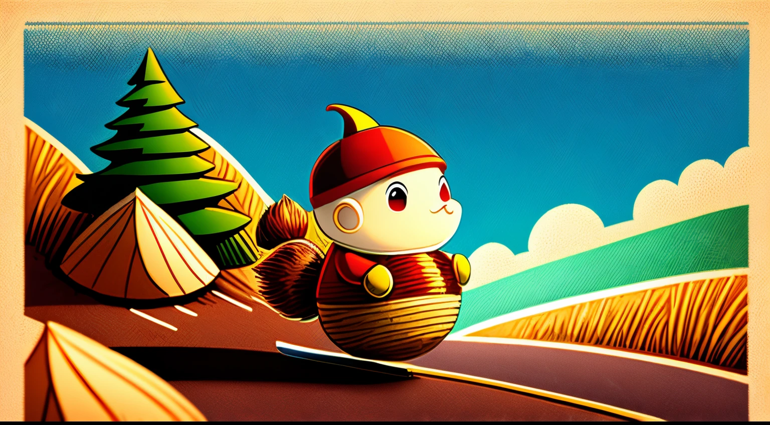 masterpiece, top quality comic-style colored illustration of an anthropomorphic acorn rolling down a slope.  country road seaside on blurred background , 3D, 32K, full HDR, Real image,