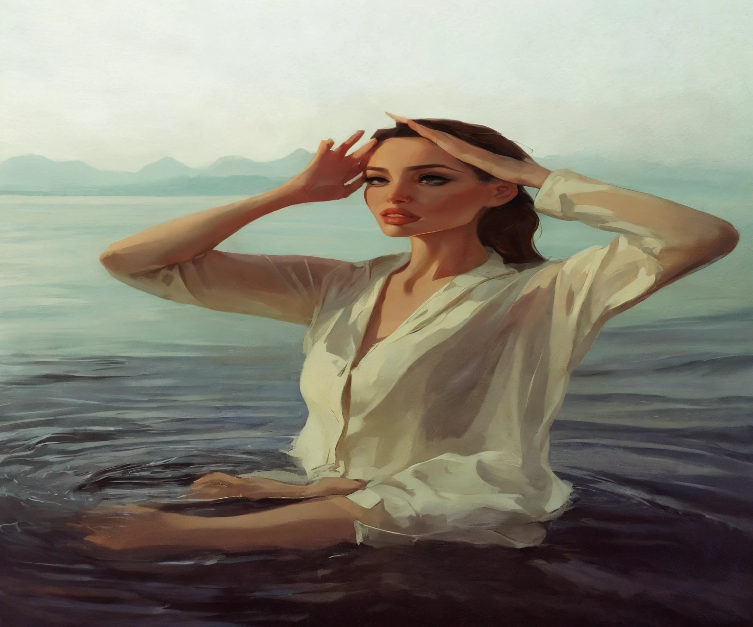 Samdoesart, painting of anjelina jolie with a white shirt in the water, inspirado em samdoesart, Retrato cartoon em um rio, molhada