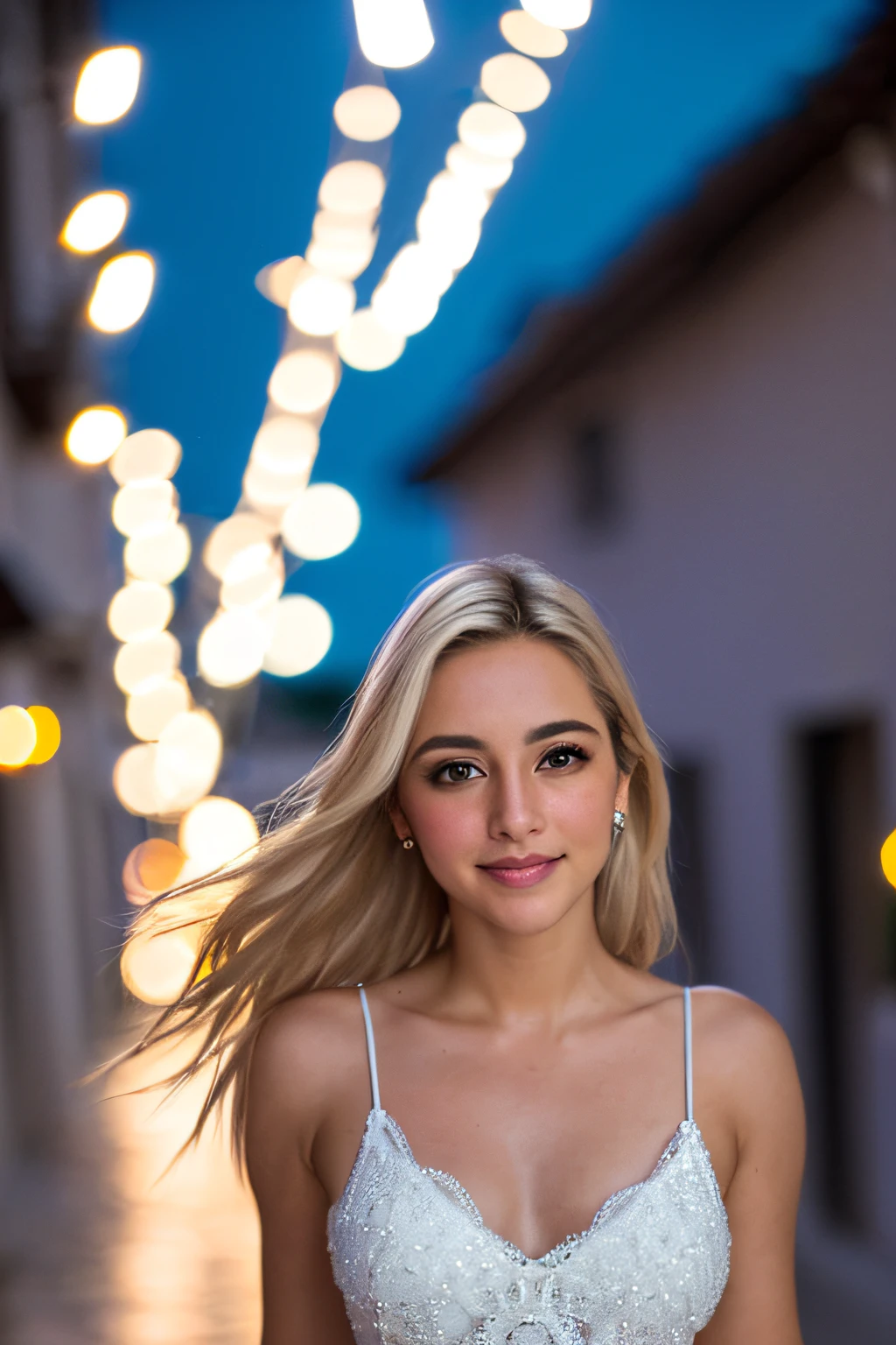 RAW uhd close-up portrait photo of a 21 year old blonde (Mujer de ojos azules) Walking down a clear alley, pecho natural, Antecedentes nocturnos de la ciudad, (Vestido de sol rosa), (escote), Detallado (Texturas!, cabello!, brillar, Color!!, Imperfecciones:1.1), Ojos brillantes altamente detallados, (Looking at the camera), specular lighting, DSLR, Calidad Ultra, foco nítido, Tachuela afilada, DOF, Film grain, (centrado), Fujifilm XT3, Cristalina, Centro del marco, cara linda, foco nítido, farola, Neon lights, Bokeh, (Poca luz), discreto, Por la noche, (cielo nocturno)