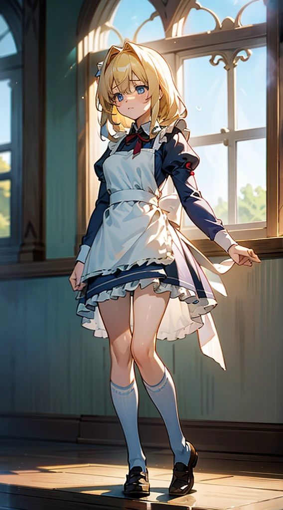 anime styled, The ultra -The high-definition, alice in the wonderland, Super cute girl, a blond, Long, shame, My face looks like I'm about to cry because I'm embarrassed because my pee came out., Light blue fluttering short dress, Layer a white apron skirt with frills, frilld, B-cup breasts, Light blue fluttering mini skirt, The socks are long white knee-high socks that go from the toes to mid-thigh., and draw the full body, Inside an old Western-style building, absurd worldview, window where bright sunlight shines through, Her clothes are a little disarrayed and her breasts are exposed., Pee, I pee and the urine comes out from my crotch and flows down my thighs., Free Pose