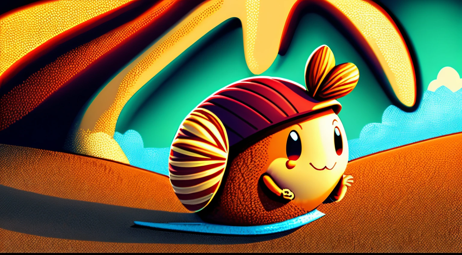 masterpiece, top quality comic-style colored illustration of an anthropomorphic acorn rolling down a slope. country road seaside on blurred background , 3D, 32K, full HDR, Real image,