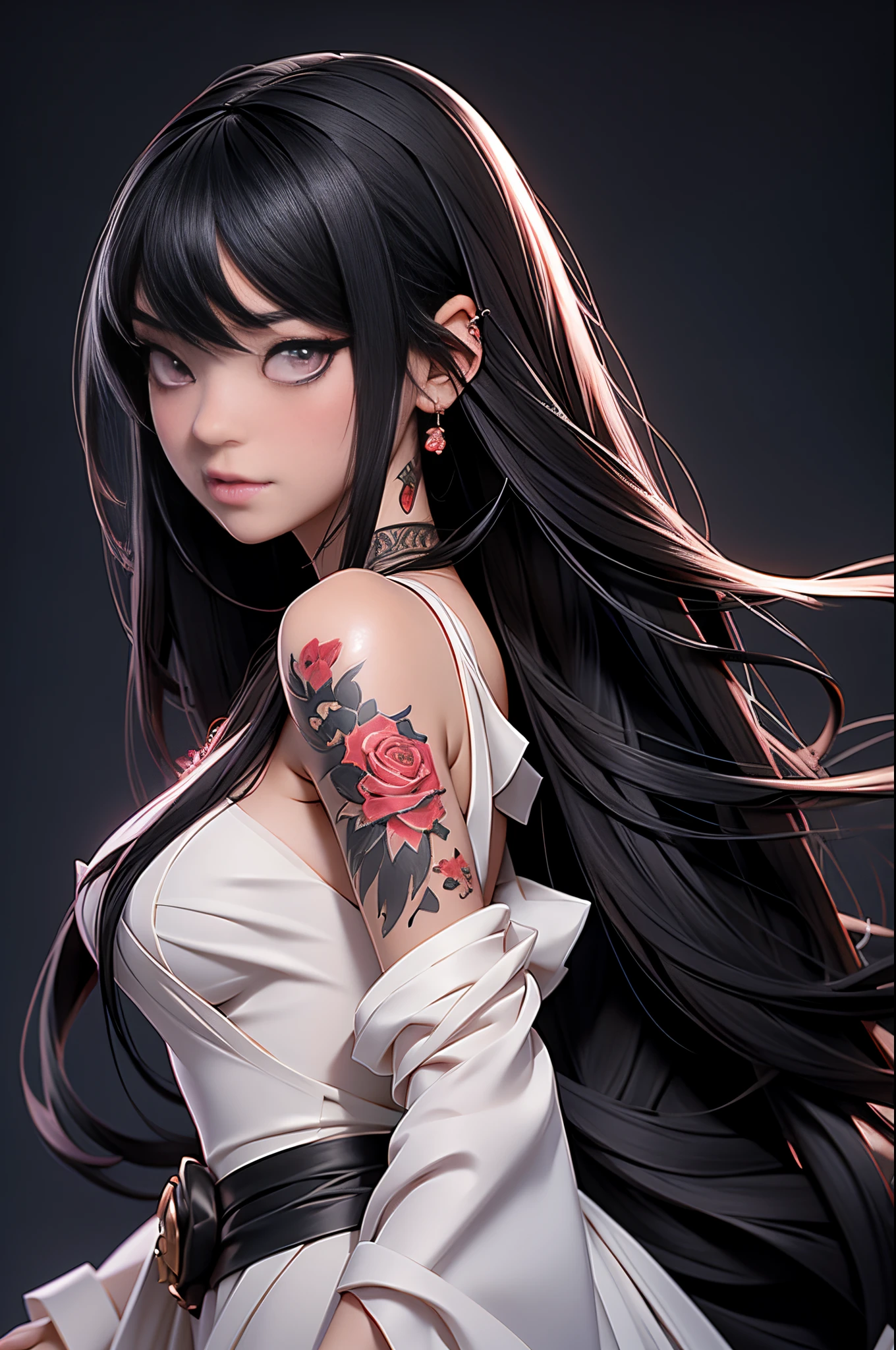 anime girl with long black hair and a white dress with red roses, tattoo, detailed beautiful eyes, guweiz, guweiz on pixiv artstation, detailed digital anime art, beautiful anime girl, guweiz on artstation pixiv, anime style 4 k, kawacy, beautiful anime portrait, detailed portrait of anime girl, detailed anime art, beautiful anime woman