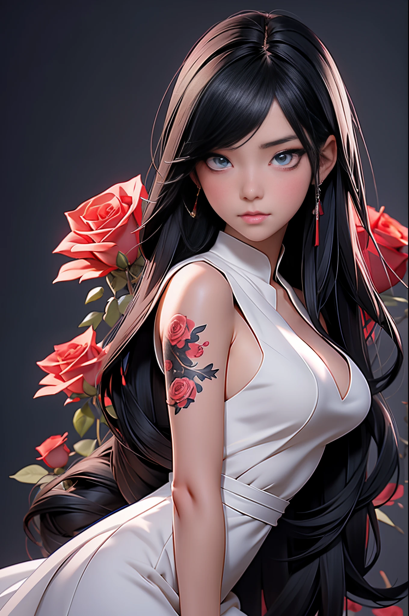 anime girl with long black hair and a white dress with red roses, tattoo, detailed beautiful eyes, guweiz, guweiz on pixiv artstation, detailed digital anime art, beautiful anime girl, guweiz on artstation pixiv, anime style 4 k, kawacy, beautiful anime portrait, detailed portrait of anime girl, detailed anime art, beautiful anime woman