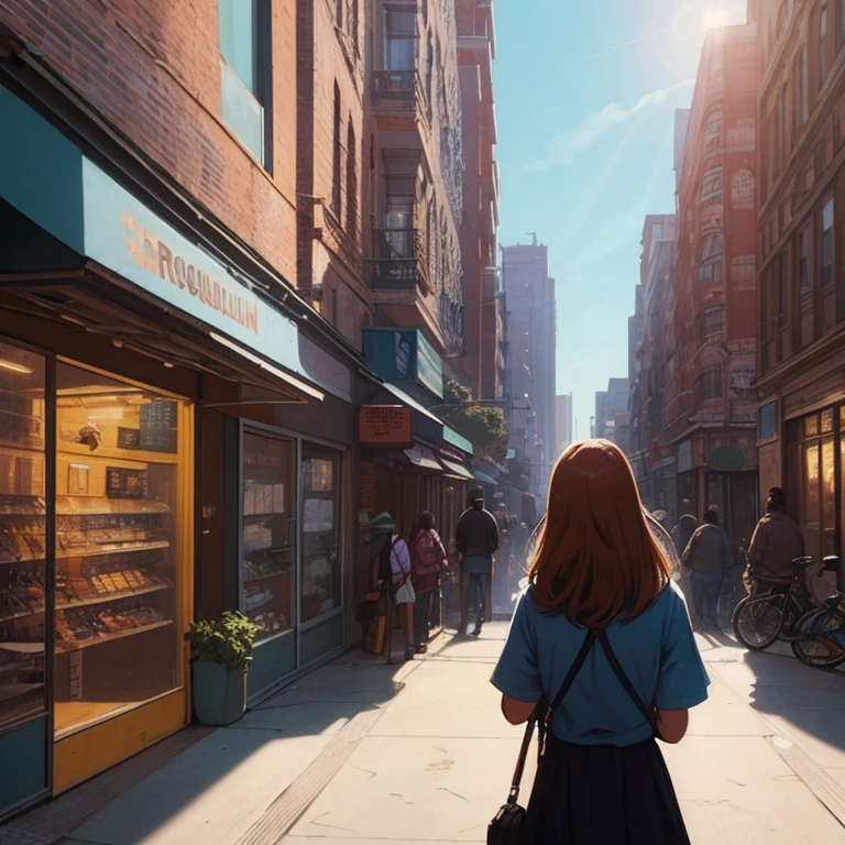 in the morning, uma adolescente observa de longe a fachada de uma loja nas ruas do Brooklyn, Aerial view, sunlight illuminating the buildings, comic book illustration style, , Pescador, Colouring