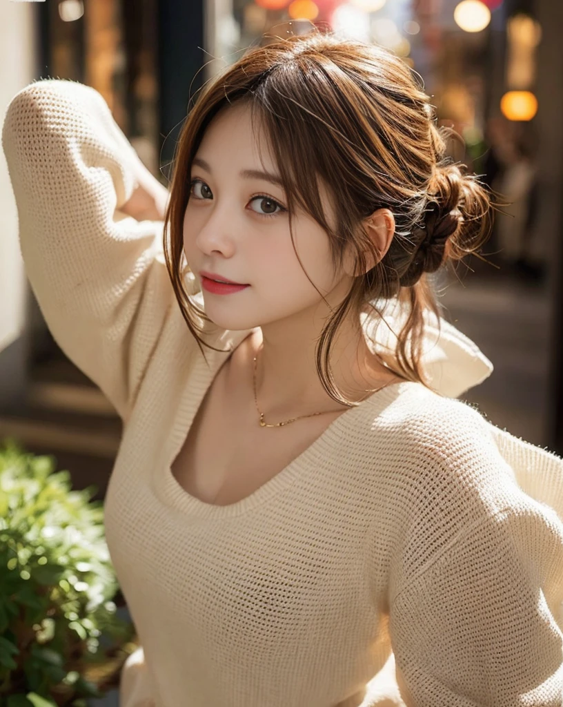 masutepiece, tongue-out、Bello dashi、Best Quality, Naughty smile、randome pose、Bruises、Illustration, Ultra-detailed, finely detail, hight resolution, 8K Wallpaper, Perfect dynamic composition, Beautiful detailed eyes, knit,Medium Hair,Natural Color Lip、Bold sexy poses,Smile,Harajuku、20 years girl、Cute、Sexy shot looking at camera、C Cup、Brown hair