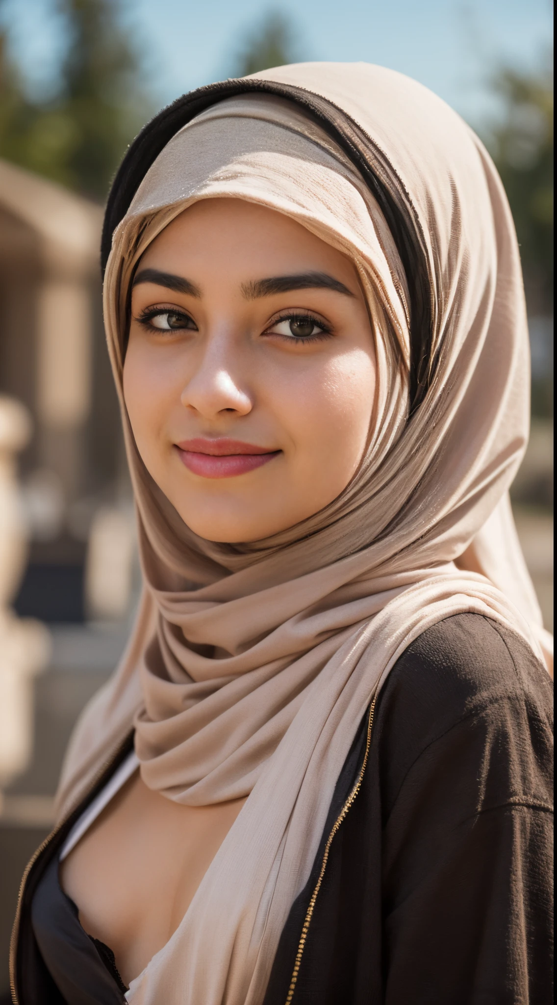 ((lebanese)), ((hijabi)), cleavage, masterpiece, best quality, 8k, 15yo, , raw photo, absurdres, award winning portrait, solo, night, neon, idol face, violaceaess, gardeniass, delicate girl, upper body, DSLR, looking at viewer, candid, sophisticated, youthful, smile, professional lighting, film grain, chromatic aberration, (detailed eyes and face:1.0), (bokeh:1.1)