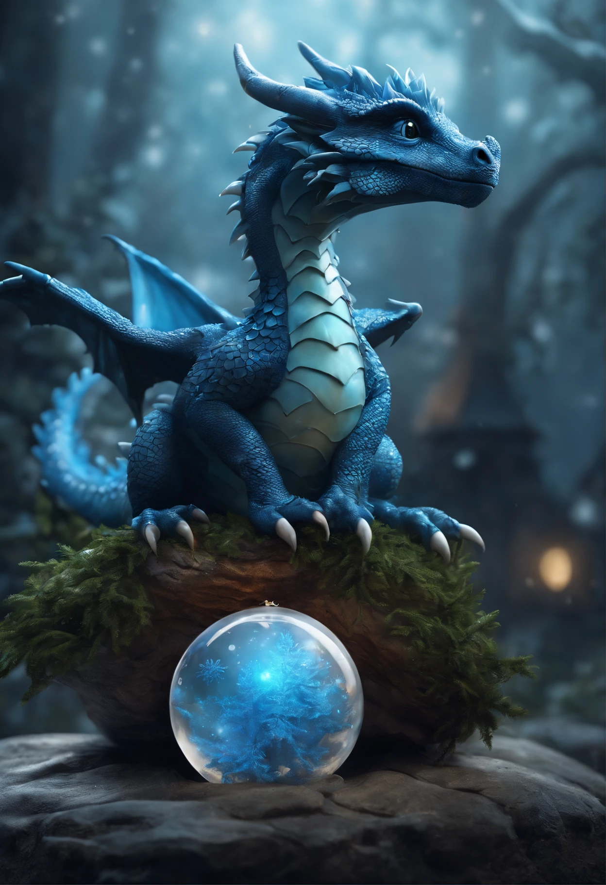a blue dragon sits on a stone holding a Christmas tree crystal ball with a Christmas tree inside, with Christmas ornament, Cute little blue dragon, Cute little dragon, cute detailed digital art, adorable digital painting, 8k high quality detailed art, 4k detailed digital art, digesting a small dragon, realistic fantasy illustration, Frost Dragon, highly detailed 4k digital art, A Newly Hatched Dragon, Cute digital art