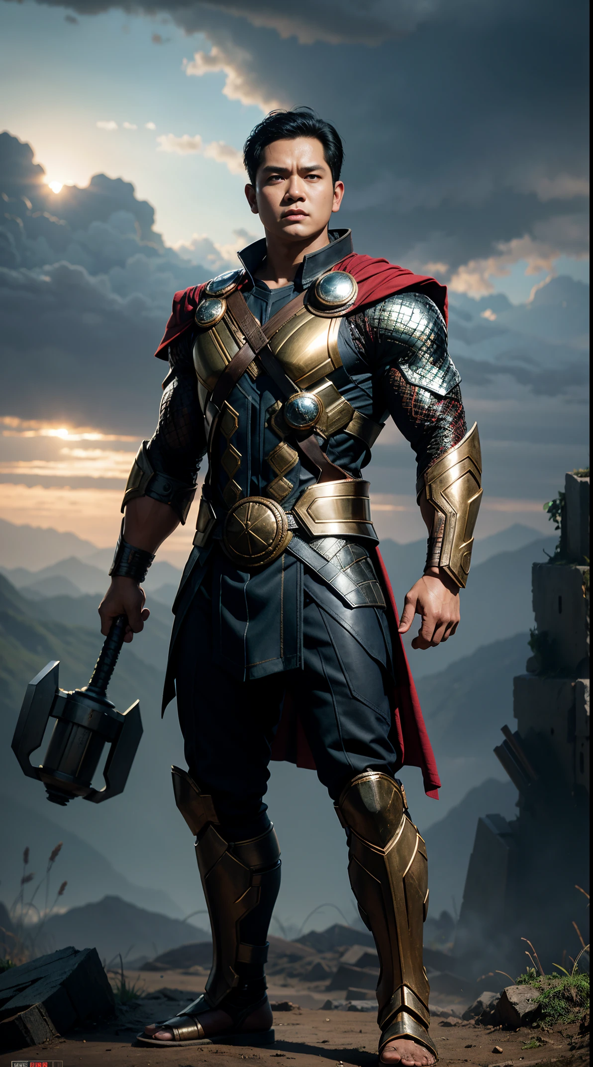 1 boy, a Prabowo Subianto as Thor ,holding iron hammer,short hair , black hair,standing, half body, outdoor, dramatic lighting,cinematic, 8k wallpaper poster film