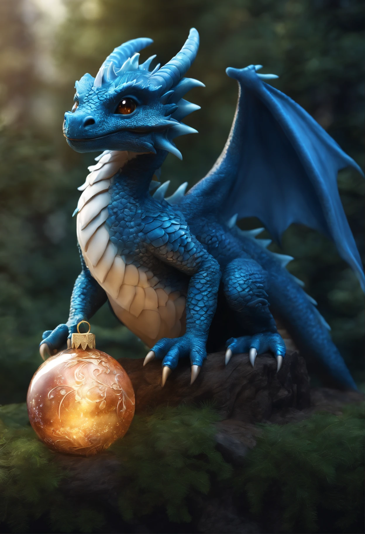 a blue dragon sits on a stone holding a Christmas tree crystal ball with a Christmas tree inside, with Christmas ornament, Cute little blue dragon, Cute little dragon, cute detailed digital art, adorable digital painting, 8k high quality detailed art, 4k detailed digital art, digesting a small dragon, realistic fantasy illustration, Frost Dragon, highly detailed 4k digital art, A Newly Hatched Dragon, Cute digital art