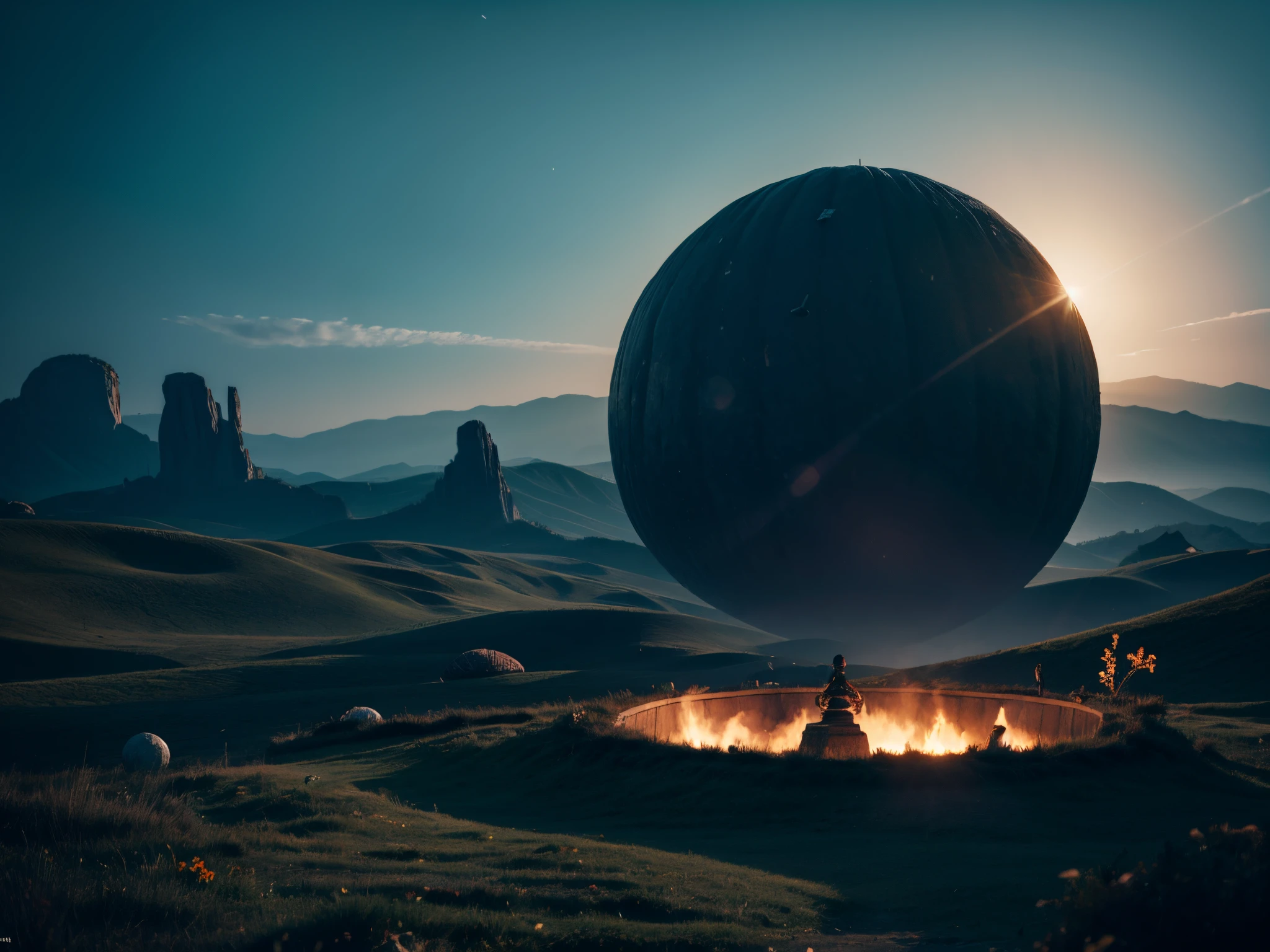 Pan across a surreal landscape where 3D basic symbols and shapes create a portal to a mysterious realm, blending the eerie with the simplicity of geometry. Add depth to this Halloween adventure.