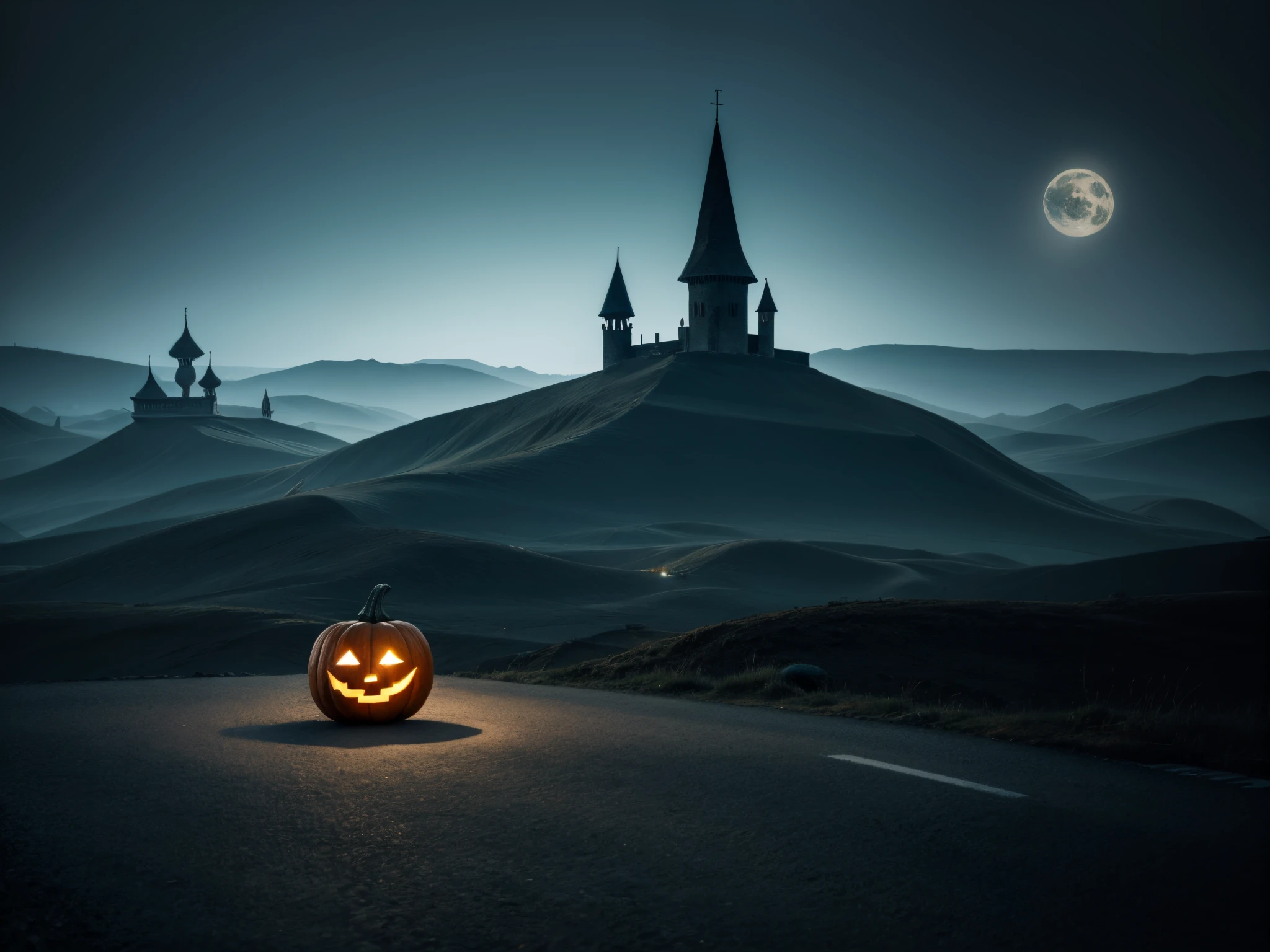 Pan across a surreal landscape where 3D basic symbols and shapes create a portal to a mysterious realm, blending the eerie with the simplicity of geometry. Add depth to this Halloween adventure.