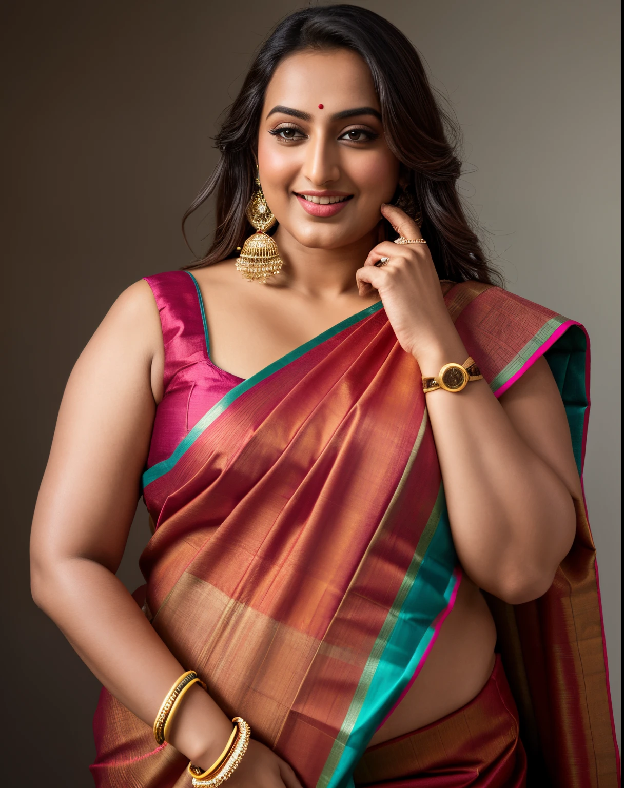 Foto RAW, photorealistic, photography, full body shot, master shot, perfect eyes, goddess like beauty, perfect thick chubby mallu Desi aunty bhabhi, Wearing a Stanapatta, a chest-band.Saree model, model Photography, Indian saree shoot, Indian traditional wear advertising photography, traditional wear brand shoot, face of Indian actress Sonakshi Sinha, masterpiece, realistic, realism, incredible details, pleasure, photorealism, detailed skin, skin pores, high contrast, photorealistic Artstation 8k HD digital art trend of high definition and detailed realistic skin texture, ultra detail, realistic skin texture, armature, best quality, ultra high definition, (photorealistic:1.4),, high resolution, detail, raw photo, Re sharp, by Lee Jefferies Nikon D850 Film Stock Photo 4 Kodak Portra 400 Camera F1.6 Lens Rich Color Ultra Real Realistic Realistic Textures Dramatic Lighting Unreal Engine Trending at Art Station Cinestill 800,(pele altamente detalhada: 1.2), 8k UHD, DSLR, soft-lighting, alta qualidade, grain of film, Fujifilm XT3,she didn't like to wear blouse or bra, she happy to wear only saree, she hates blouse or bra, detailed hairy armpits,