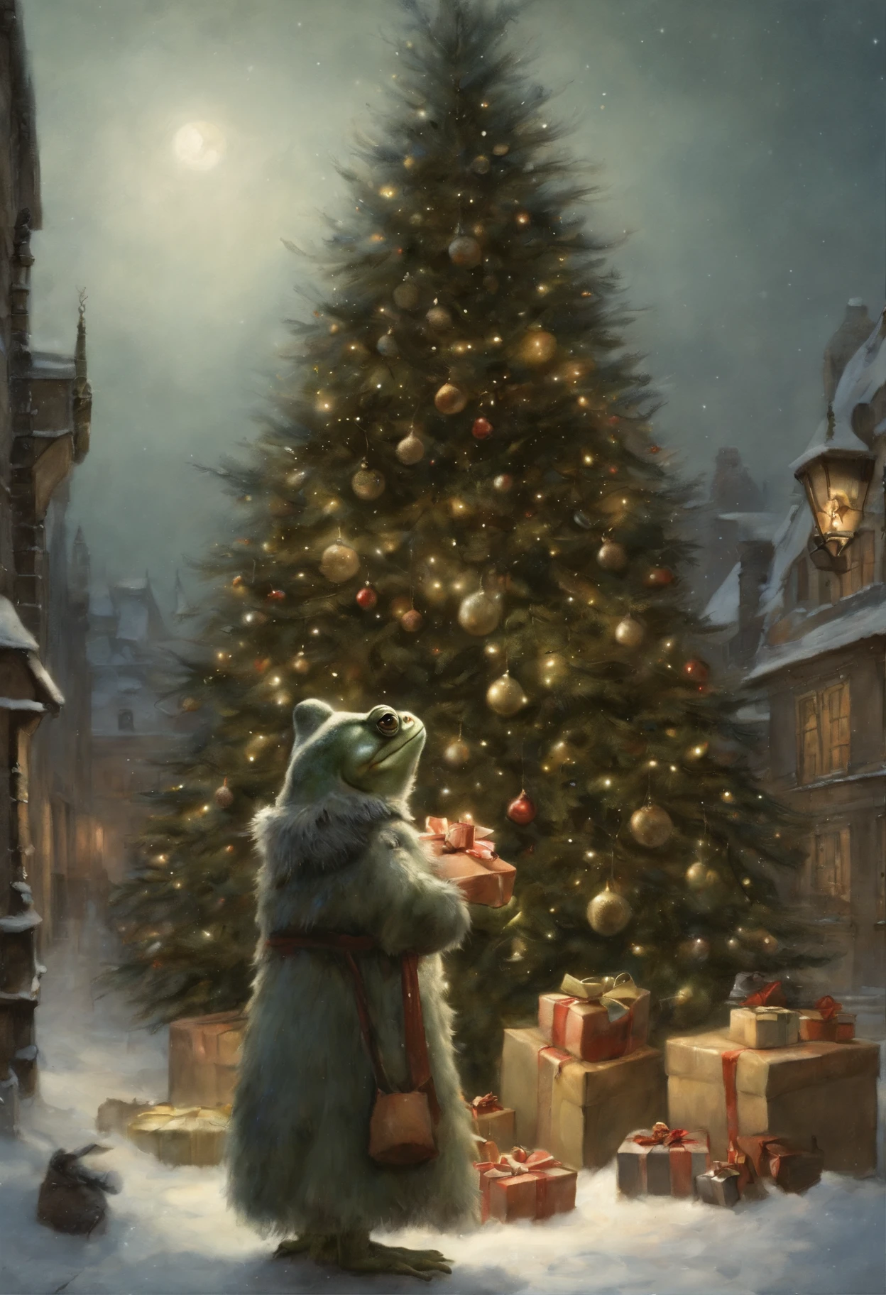 真实感, dark fantasy style, John Tolkien style, Small painting by Jean-Baptiste Monge, a fluffy girl in a frog pajama suit stands near a Christmas tree with gifts , looks like a frog girl in pajamas, In a short black leather jacket....., Jeans, standing next to a huge Christmas tree, The city, megalopolis, city central square, Downtown, Big Christmas tree, Jean-Baptiste Monge, anthropomorphic --ar 2:3 --testp -optimistic;